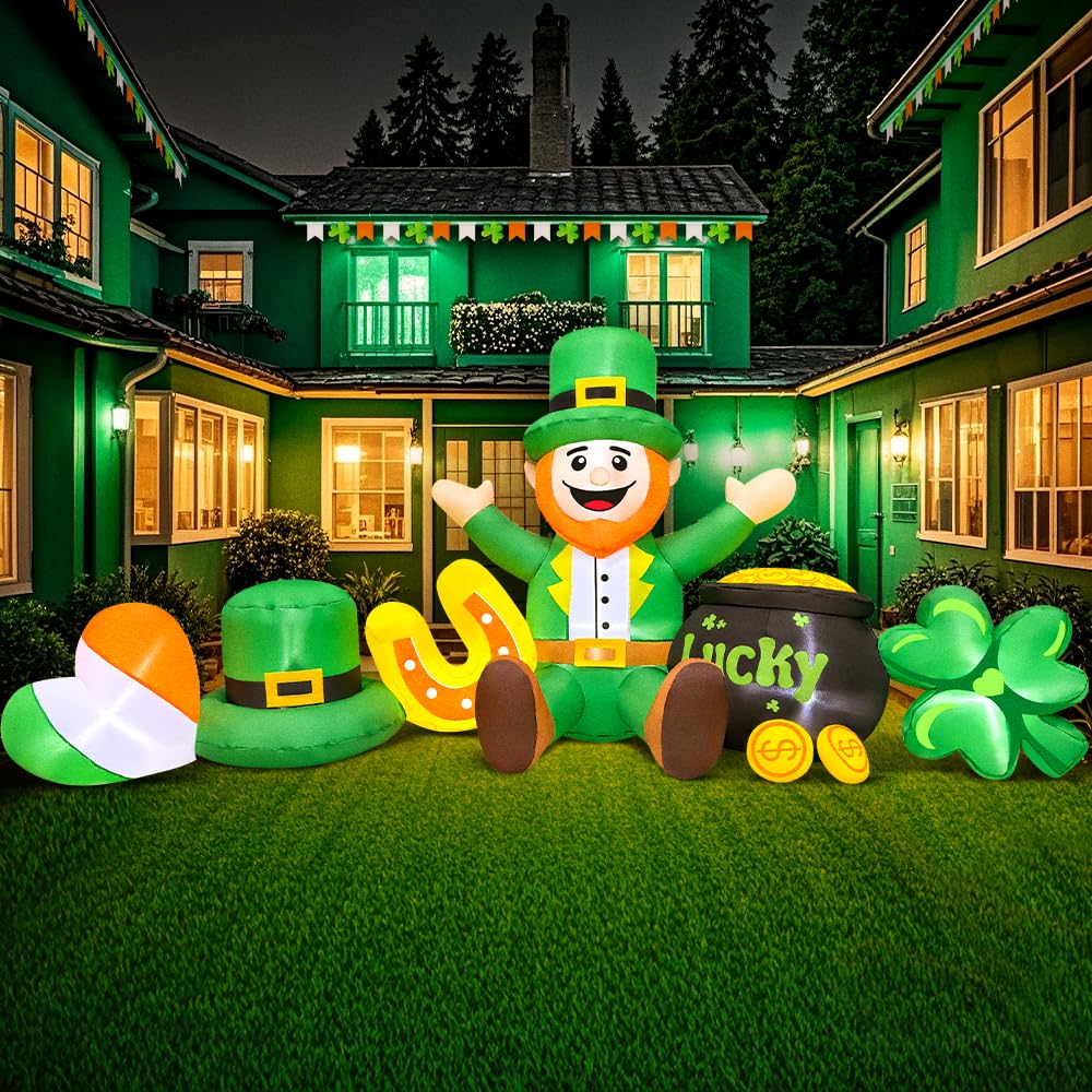 8 FT Long St Patricks Day Inflatables Outdoor Decorations,Inflatable Leprechaun with Clover & Gold Coins Combo Blow Up Yard Decorations for Holiday Party Yard Lawn Garden