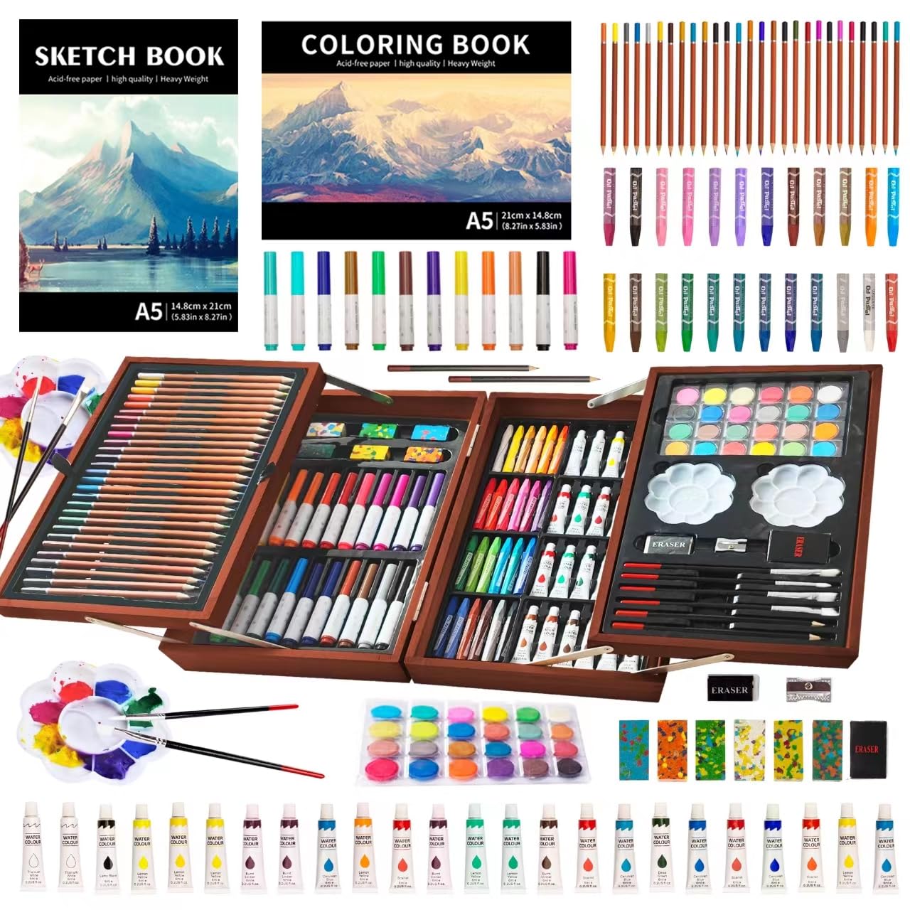Art Supplies, 139 Pack Painting Drawing Art Kit with 2 Sketch Pads, Deluxe Double Layers Art Set Crafts, Colored Pencils, Oil Pastels, Watercolor Paints, Gift for Artists Kids (Brown)