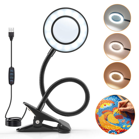 Magnifying Glass with Light 5X, 9w Clip on Light, 48 LED Desk Lamp wtih Clamp Light, 3 Modes Dimmable Magnifying LED Lamps for Bed Work Crafts Workbench