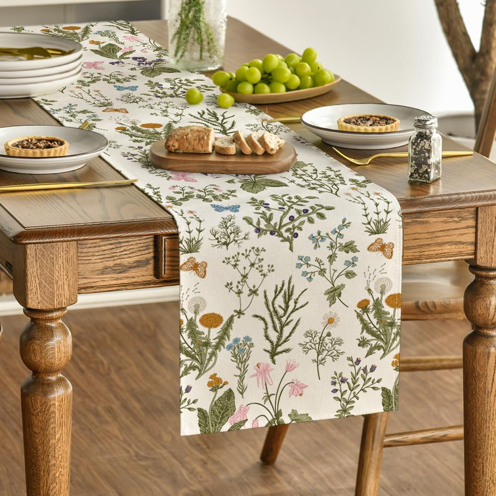 Wildflowers Floral Spring Table Runner, Seasonal Summer Butterfly Kitchen Dining Table Decoration for Home Party 13x72 Inch