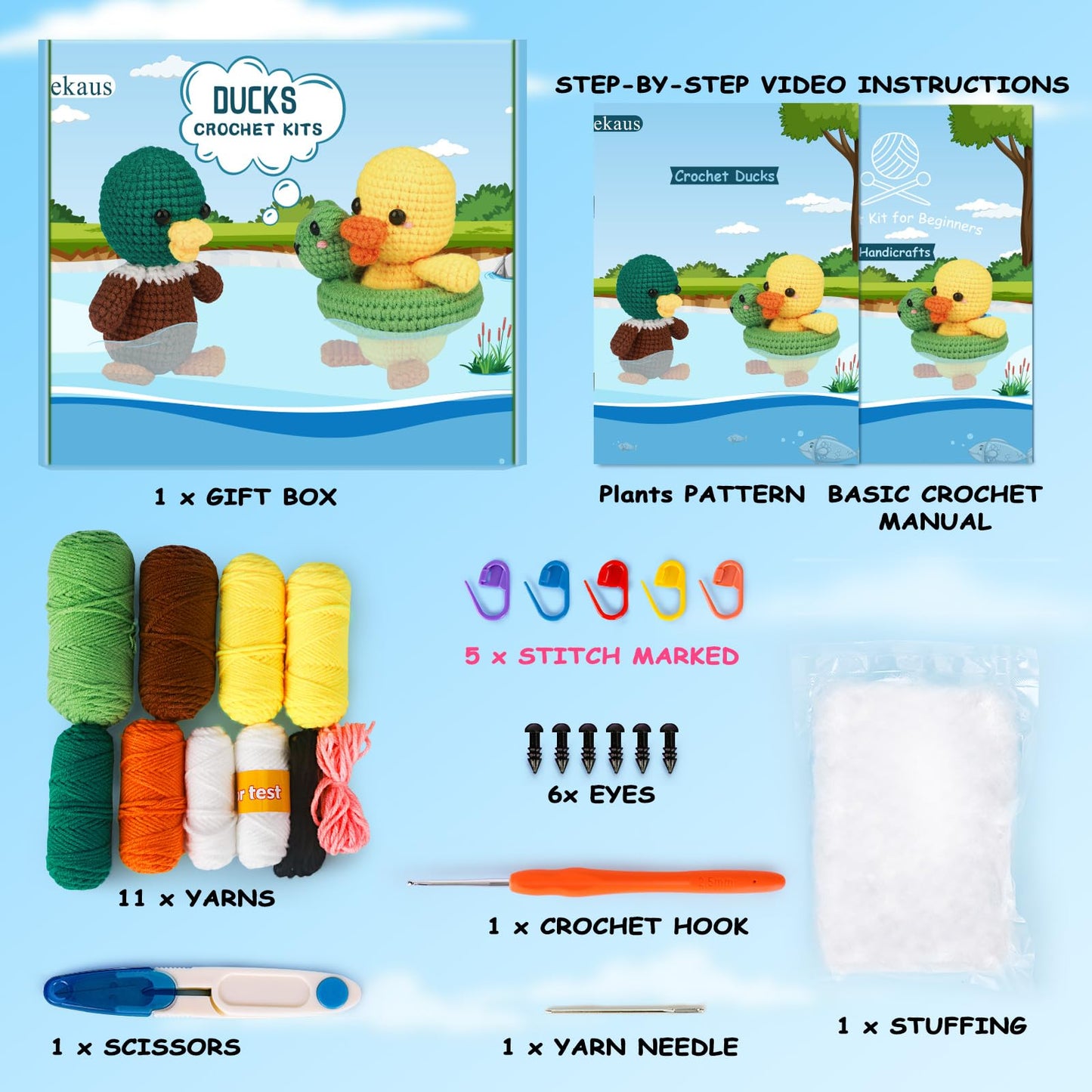 Crochet Kit for Beginners with Step-by-Step Video Tutorials, DIY Knitting Supplies for Adults & Kids, Ducks (45%+ Yarn)