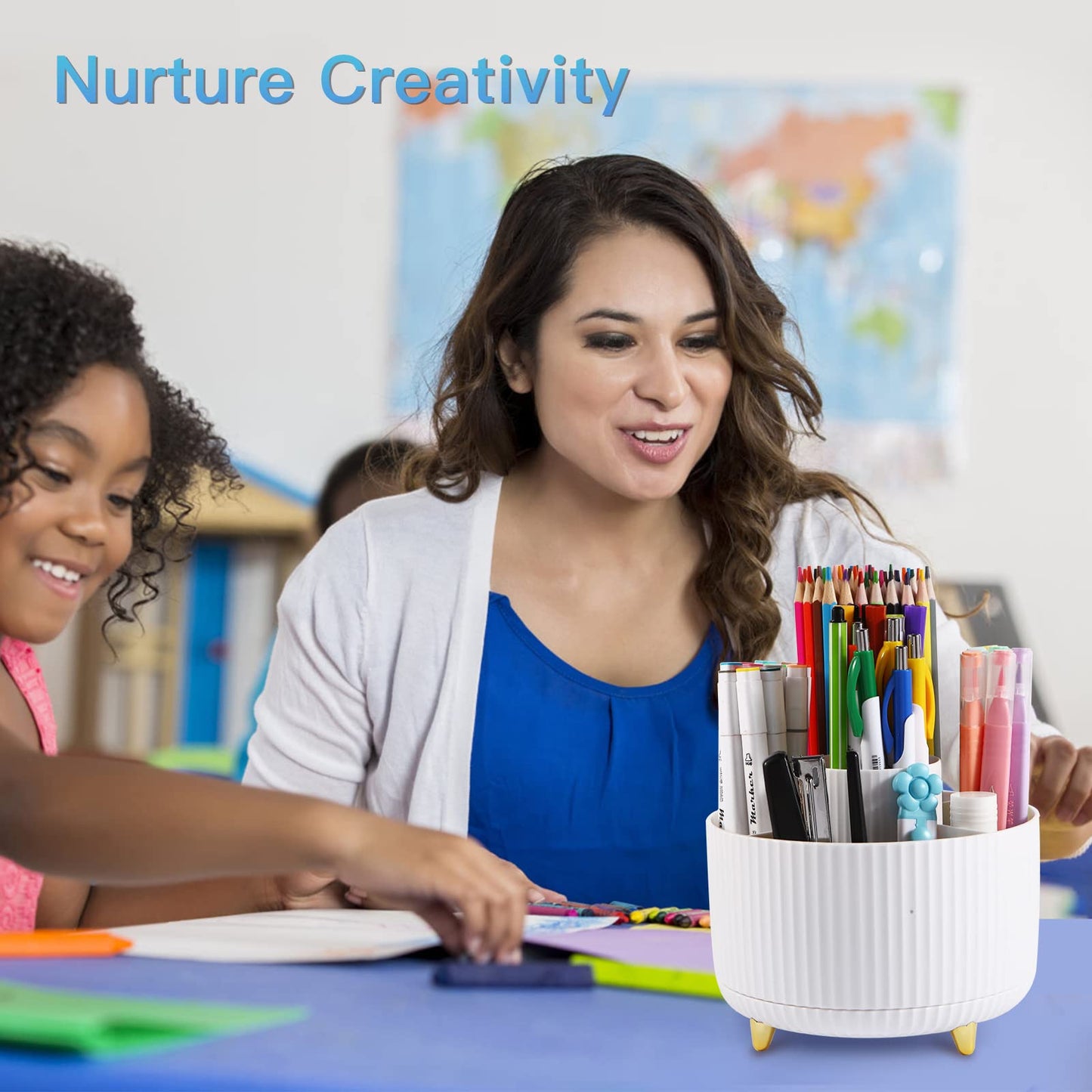 Pen Holder for Desk, Pencil Holder,5 Slots 360° Degree Rotating Desk Organizers and Accessories, Cute Pen Cup Pot for Office, School, Home, Art Supply (white)