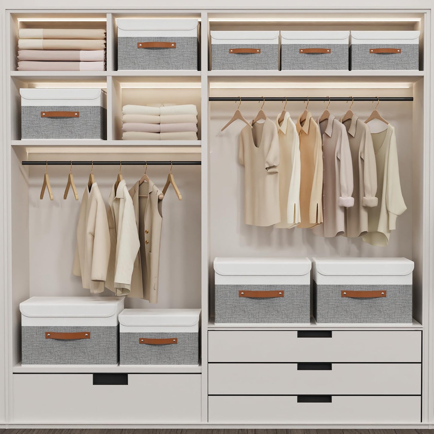 Storage Boxes with Lids, Linen Fabric Bin, Cube Organizer Basket, Washable and Leather Handle, for Home, Closet, White/Grey, 15.0''Lx9.8''Wx9.8''H, 1-Pack, USNK024WGL-1