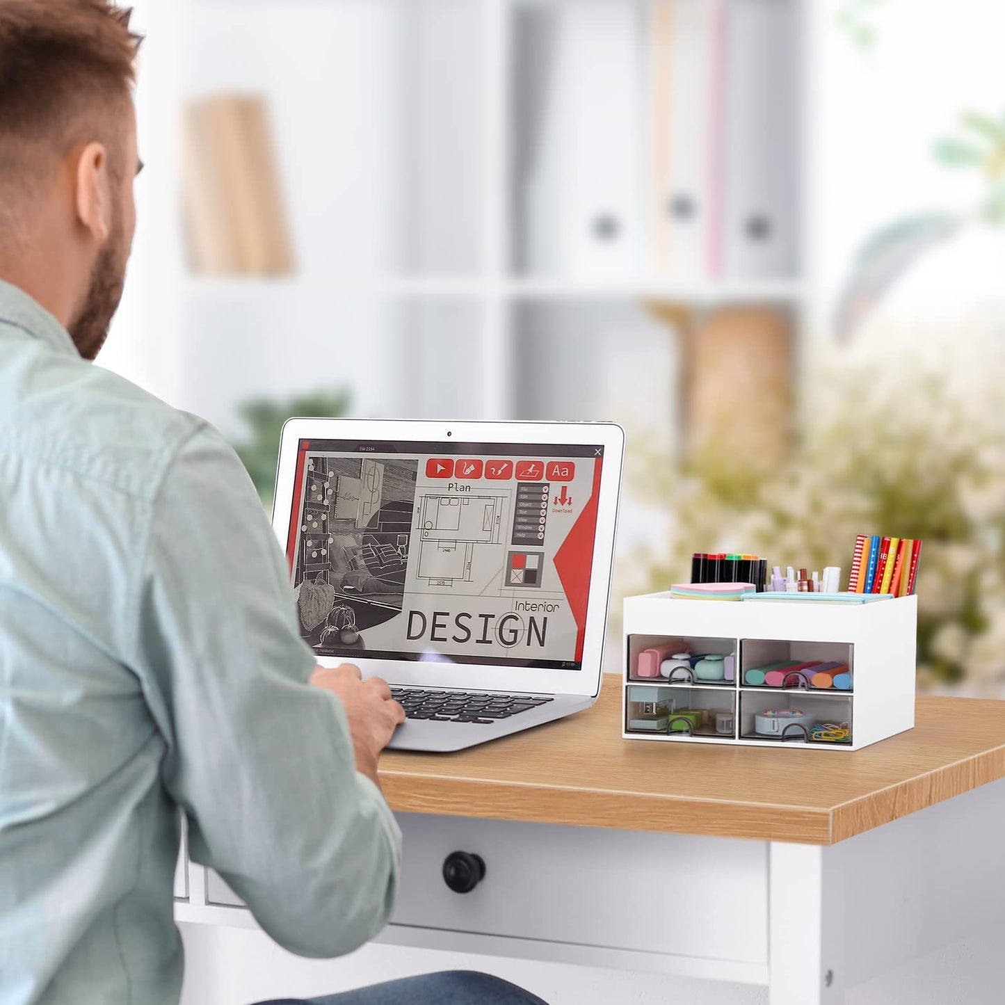 Desktop Organizer with Drawer, Accessories Stationary Organizer Desk Caddy, Pen/Pencil/Business Card/Sticky Note Tray/Paperclip Holder Storage Box (White)