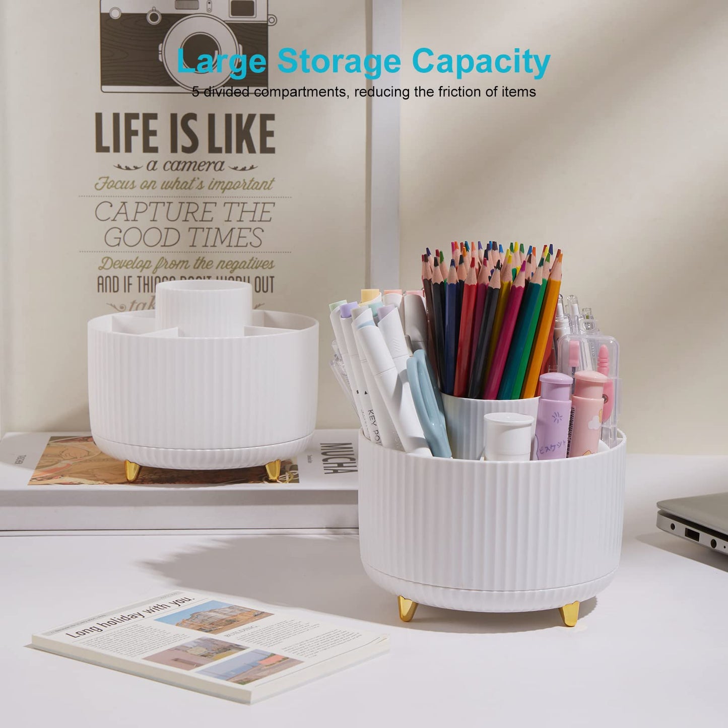Desk Pencil Pen Holder - 5 Slot 360 Degree Rotating Desk Pen Organizer for Desktop Storage Stationery Supplies Cup Pot - White