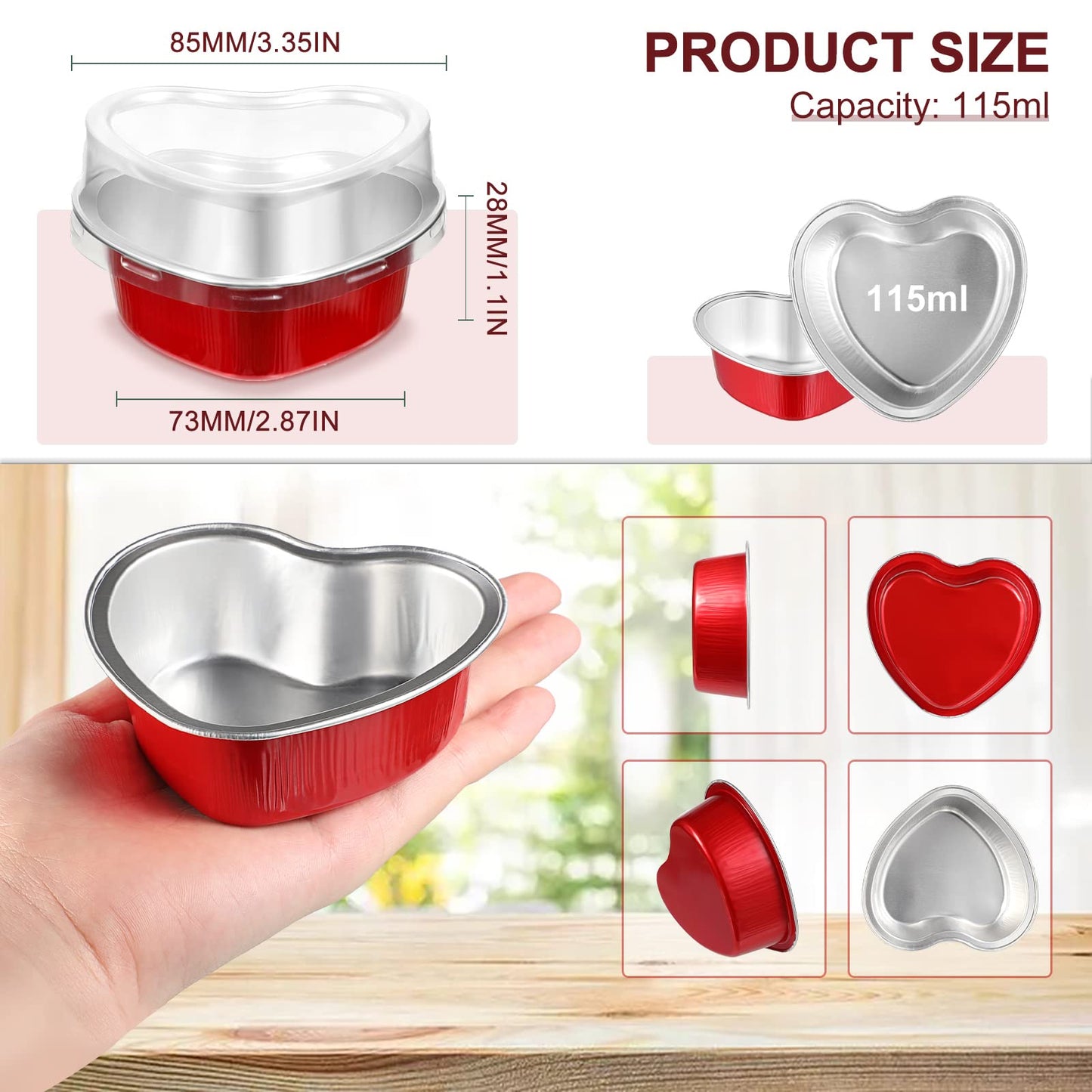 60 Sets Heart Shaped Cake Pans with Lids, 3.4 Ounces/ 100 Ml, Aluminum Foil Mini Disposable Heart Cupcake Pans for Valentine‘s Day Wedding Parties (Gold,Red,Pink,White)