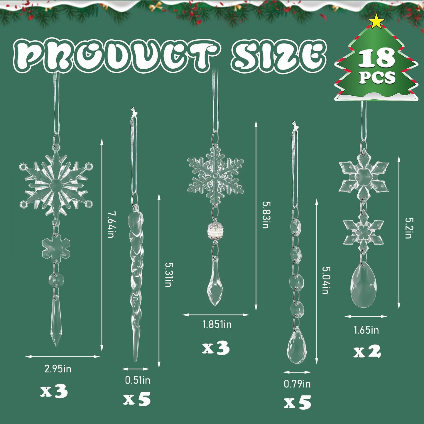 18Pcs Christmas Tree Decoration Crystal Ornaments,Christmas Hanging Snowflakes Decorations Acrylic Icicle Crystal Ornaments for Christmas Tree Winter New Year Party Decor Supplies