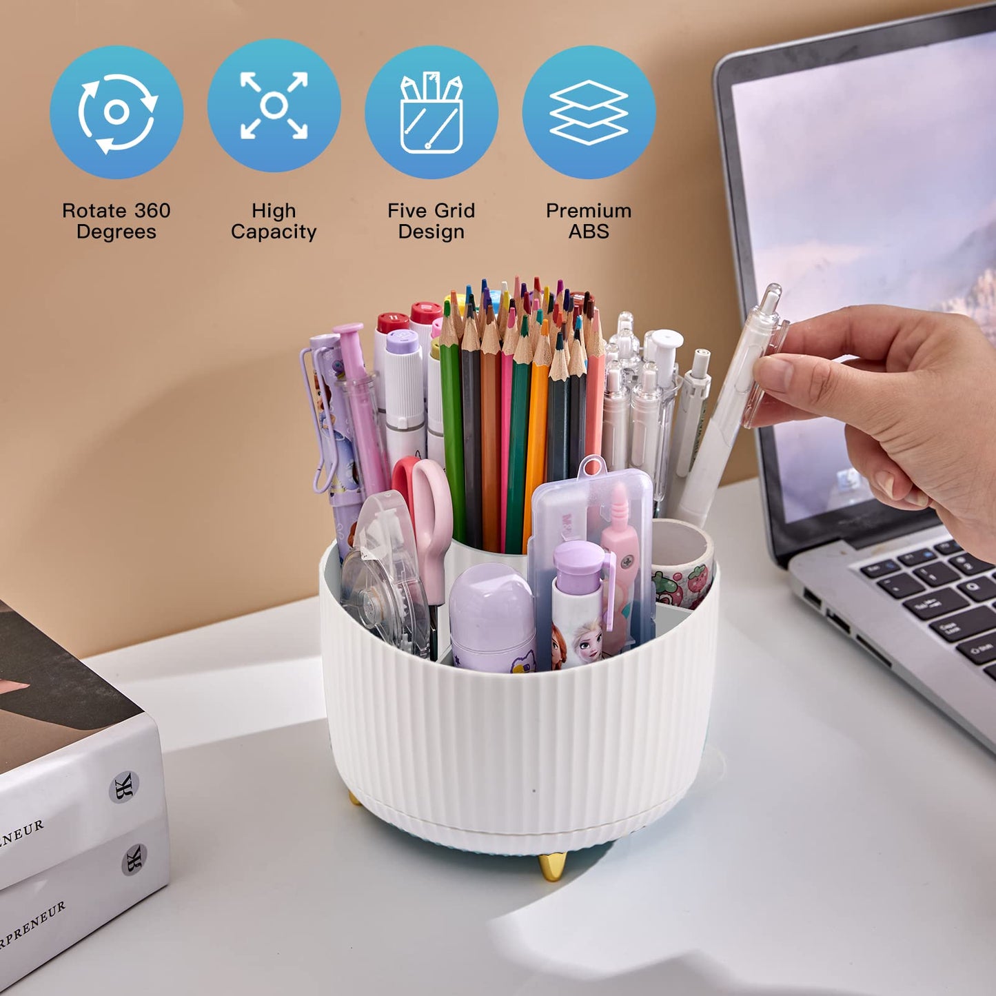Pen Holder for Desk, Pencil Holder,5 Slots 360° Degree Rotating Desk Organizers and Accessories, Cute Pen Cup Pot for Office, School, Home, Art Supply (white)