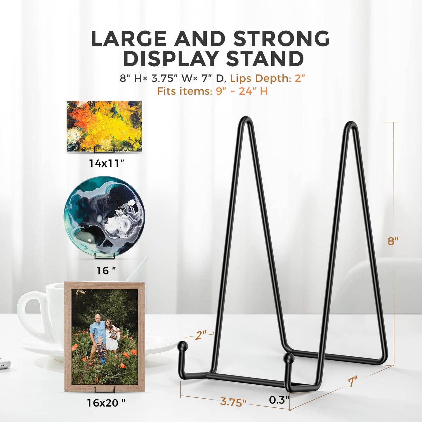 Plate Stands/Holder for Display, 8 Inch, Large, Metal Frame for Picture, Decorative Platter, Book, Photo Easel (2 Pack)