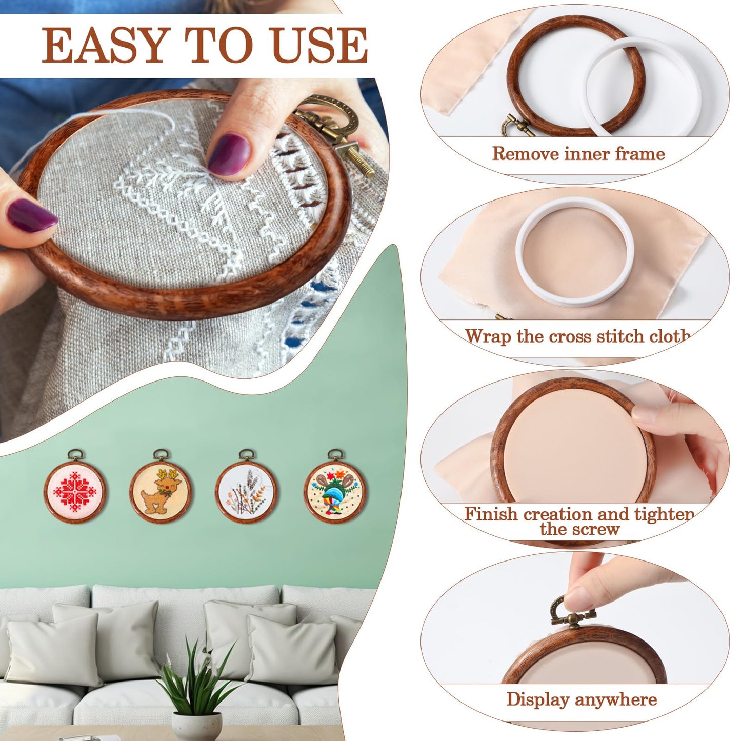 15 Pcs 4 Inch Round Embroidery Frames Pack Hoops Circle Rubber Hoops Ring Display Cross Stitch Ornament Imitated Wood Frame Kits for Father's Day Craft Sewing DIY Hanging Gifts