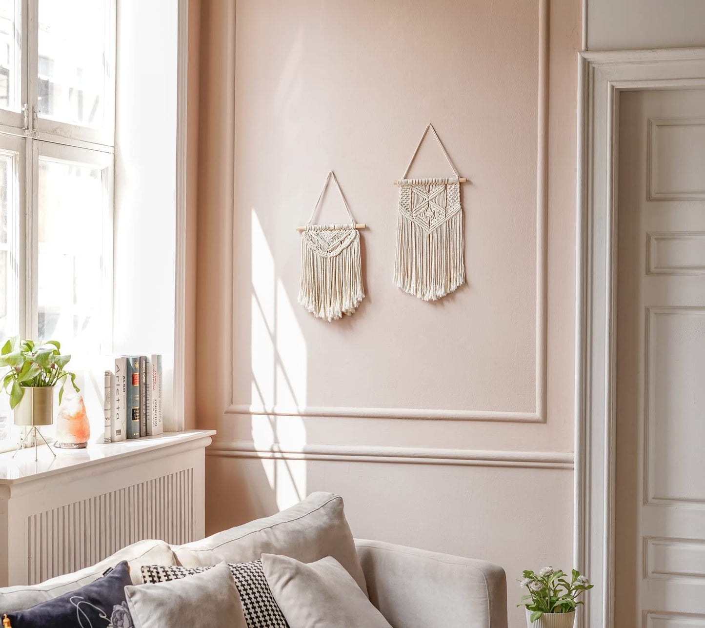 2 Pcs Macrame Wall Hanging Boho Wall Art Decor Woven Chic Bohemian Room Decor for Bedroom Nursery Living Room Dorm Apartment, Small Size 13" L x 10" W and 16" L x 10" W