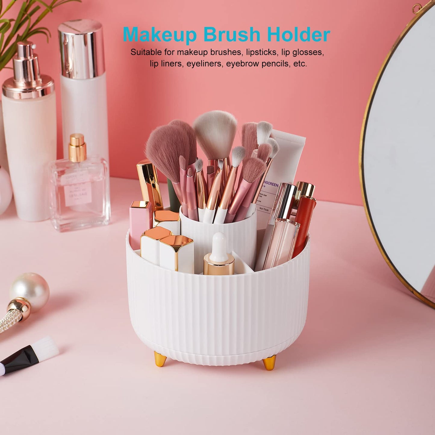 Desk Pencil Pen Holder - 5 Slot 360 Degree Rotating Desk Pen Organizer for Desktop Storage Stationery Supplies Cup Pot - White