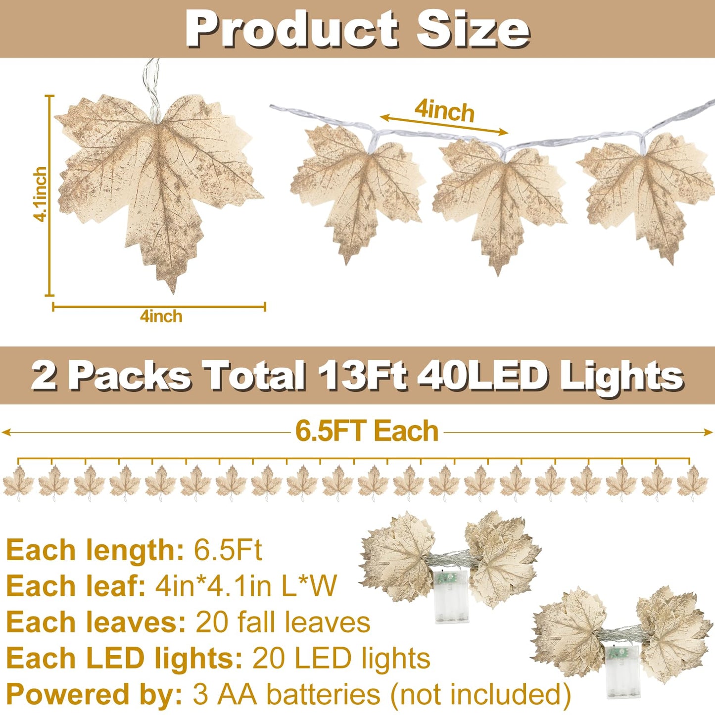 2 Pack Fall Decor Fall Garland with Lights Fall Decorations for Home, Lighted Maples Leaves Garland Total 13Ft 40LED Battery Operated Autumn Harvest Halloween Thanksgiving Decor Indoor Outdoor
