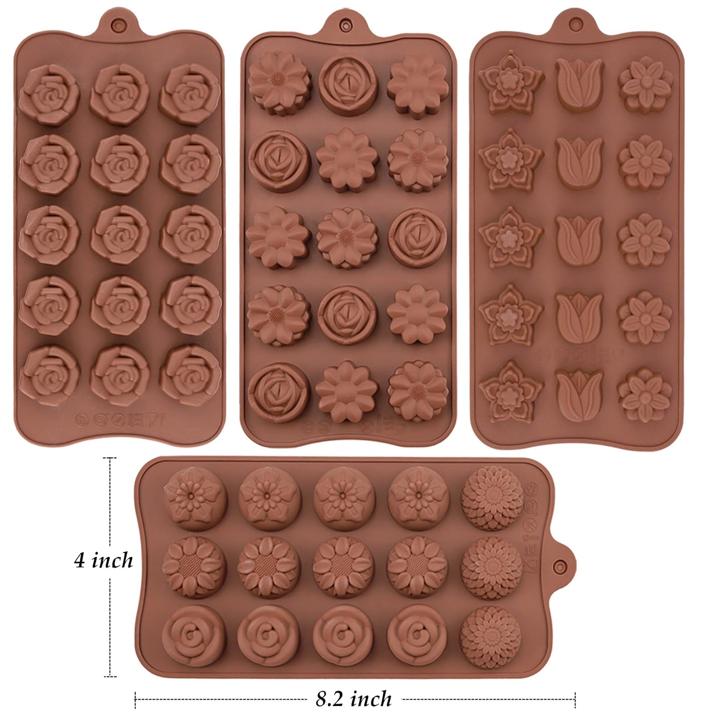 4PCS Silicone Chocolate Flower Molds for Candy, Fat Bombs Snacks, Truffles, 11 Floral Shapes 60 Cavities Candle Soap Wax Melts Mold (Rose, Sunflower, Tulip, Coreopsis)