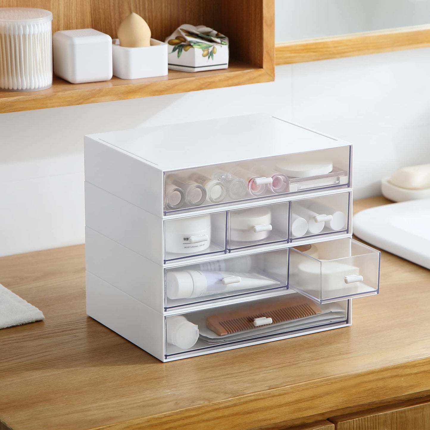 Desk Organizer with 6 Drawers, Makeup Organizer, Plastic Cosmetic Organizer, Bathroom Organization Boxes, Desktop Storage Box(White)
