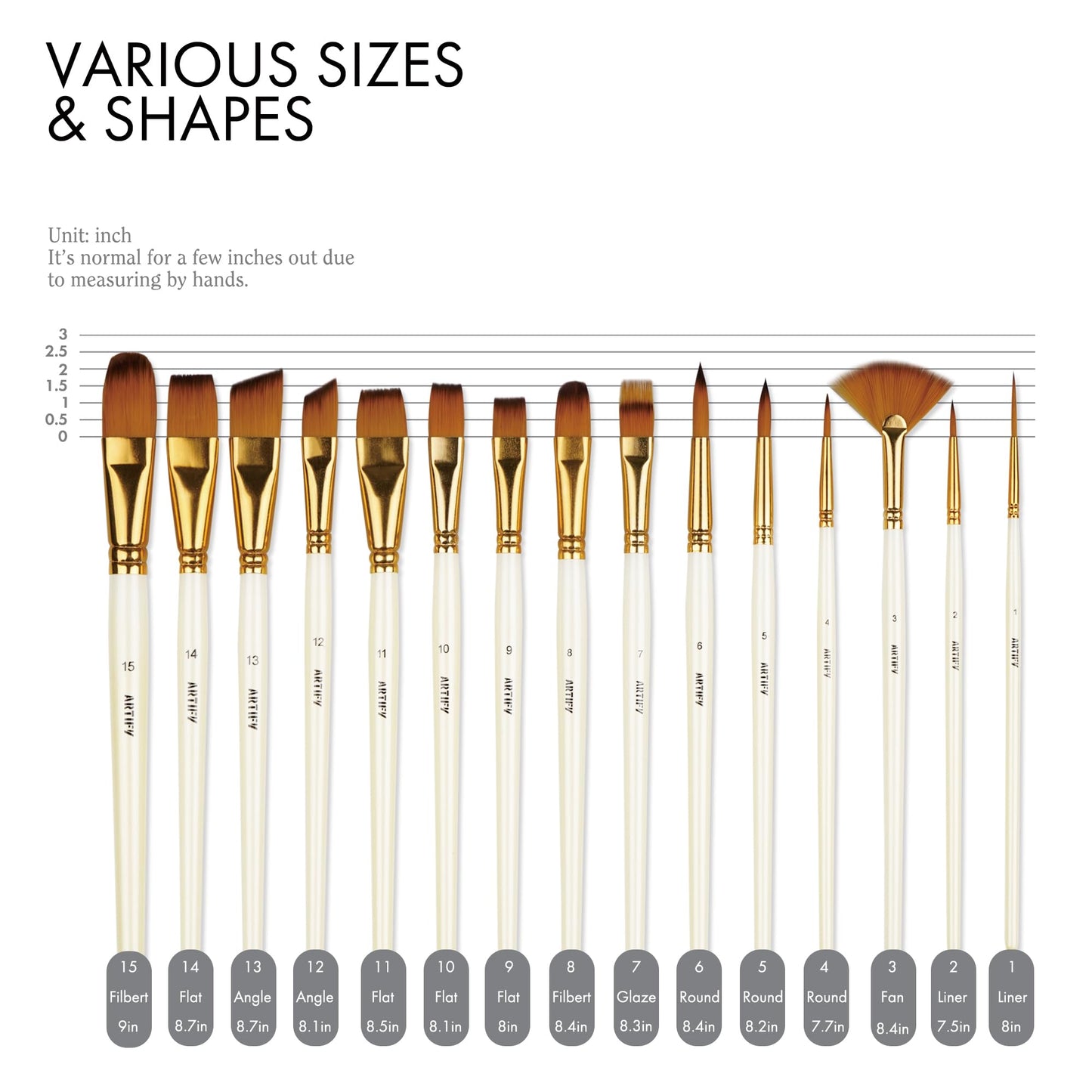 18 Piece Paint Brush Set, ARTIFY 15 Acrylic Paint Brushes, Palette Knife, and 2 Sponges, Professional Artist Paint Brushes for Acrylics, Watercolors, Gouache, Canvas, and Face Painting, Pearl White