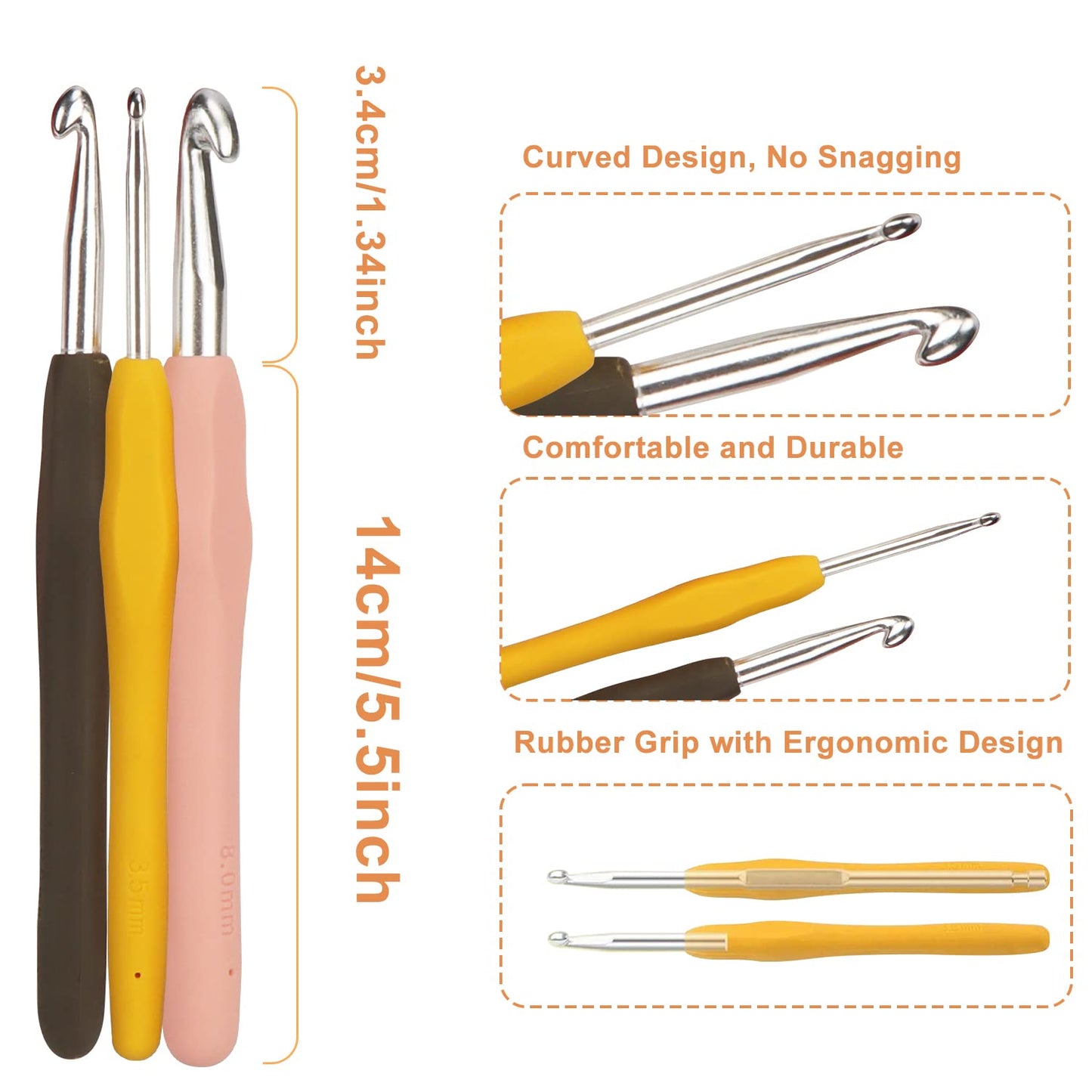 14 Piece Crochet Hook Set, Soft Grip Ergonomic Crochet Needles with Storage Case, Ideal for Beginners, Arthritic Hands