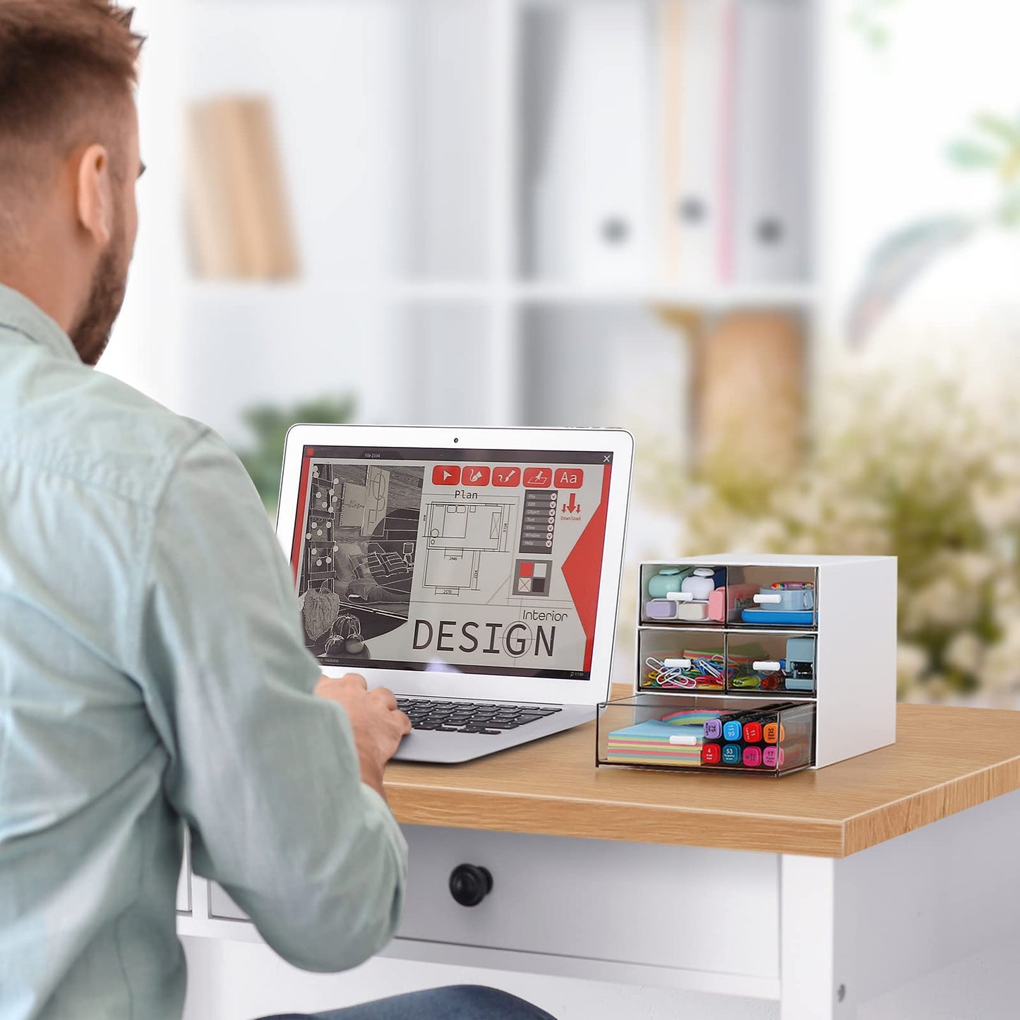 Desk Organizer with 5 Drawers, Rectangular Office Stationery Supplies Desktop Drawers, Plastic Makeup Storage, Suitable for Office, School, Home (White & 5 Drawers)