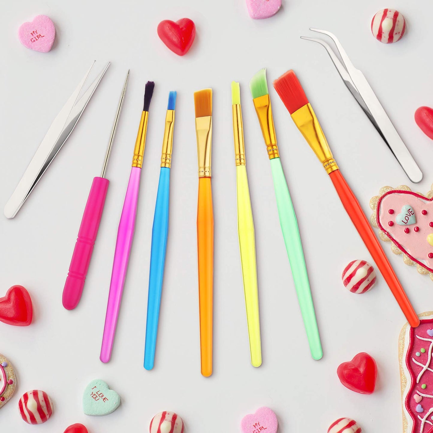 14 Pcs Cookie Decorating Tools Set Fondant Cake Decorating Brushes Scribe Cookie Tool Sugar Stir Needle Baking Elbow and Straight Tweezers for Sprinkles Supplies for Fondant
