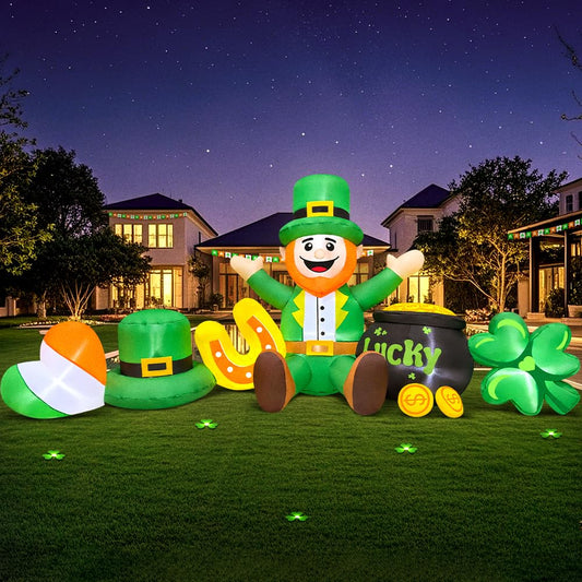 8 FT Long St Patricks Day Inflatables Outdoor Decorations,Inflatable Leprechaun with Clover & Gold Coins Combo Blow Up Yard Decorations for Holiday Party Yard Lawn Garden