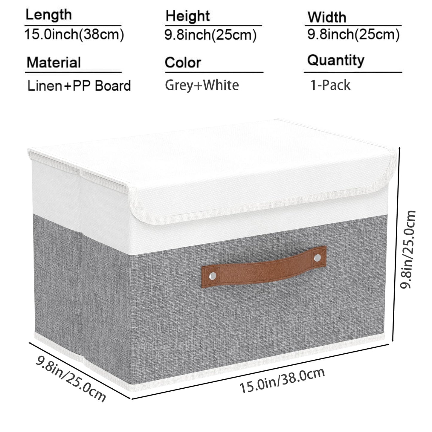 Storage Boxes with Lids, Linen Fabric Bin, Cube Organizer Basket, Washable and Leather Handle, for Home, Closet, White/Grey, 15.0''Lx9.8''Wx9.8''H, 1-Pack, USNK024WGL-1