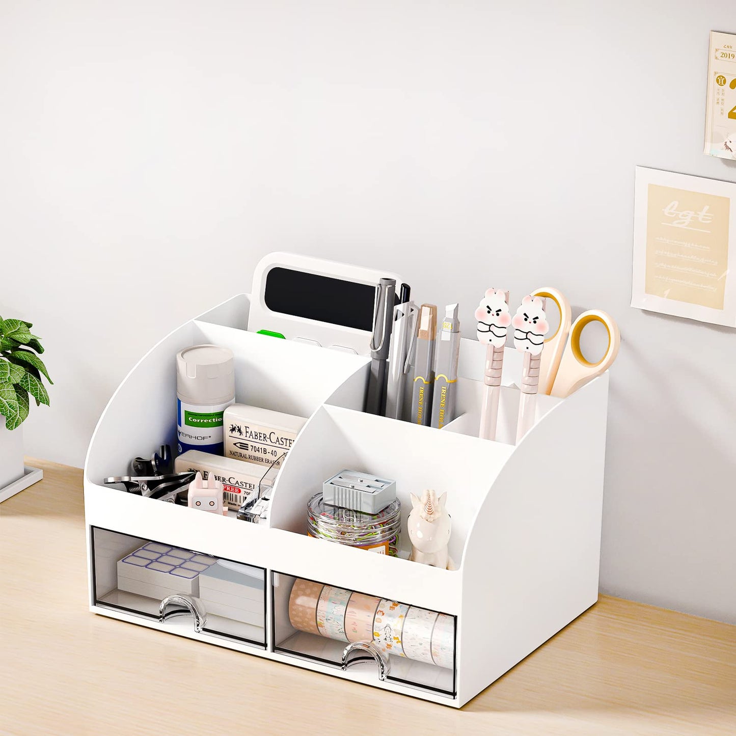 Desk Organizer with 6 Compartments and 2 Drawers, Plastic Makeup Organizer, Pen Holder for Desktop Storage, Desk Organization for School, Home, Office Supplies (White)