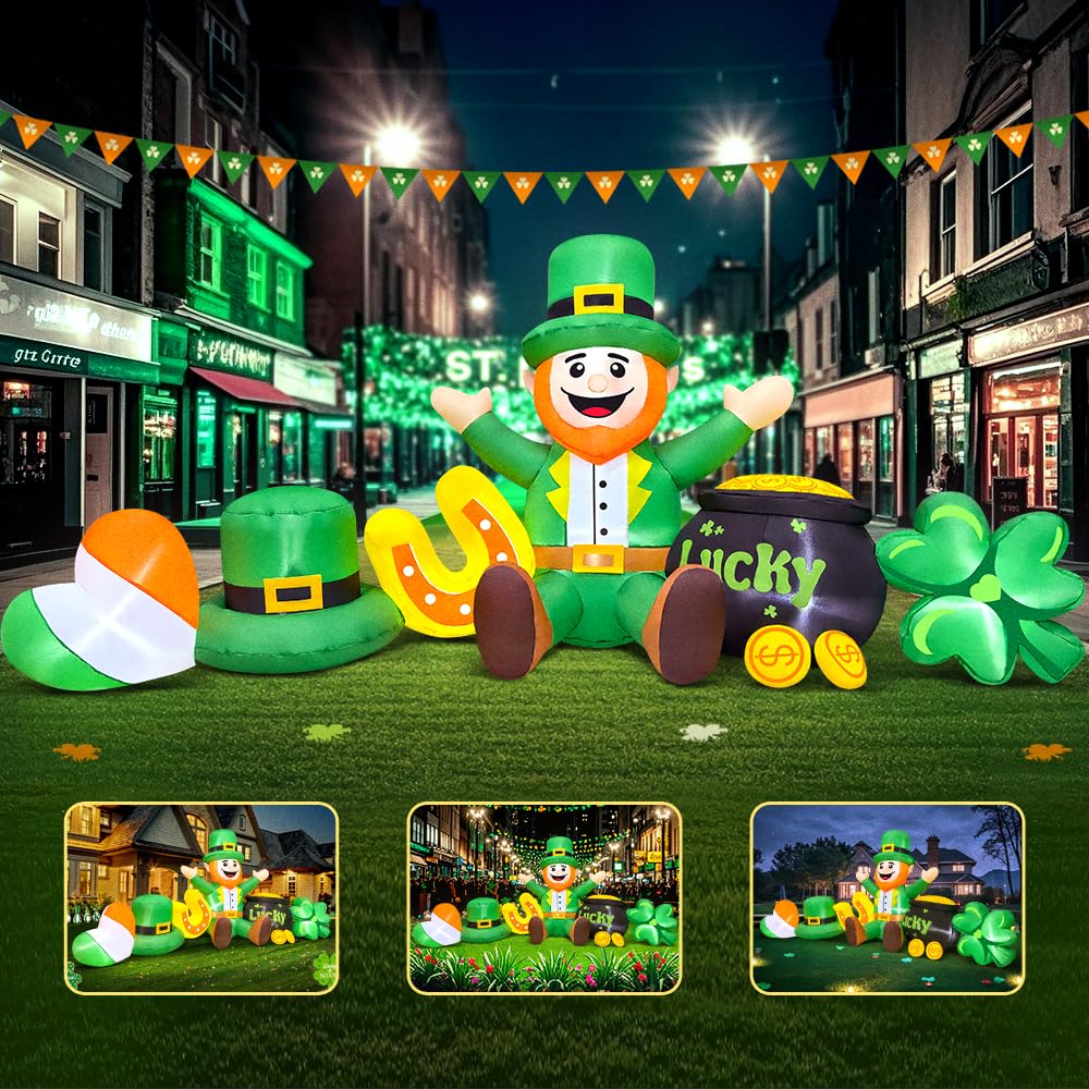 8 FT Long St Patricks Day Inflatables Outdoor Decorations,Inflatable Leprechaun with Clover & Gold Coins Combo Blow Up Yard Decorations for Holiday Party Yard Lawn Garden