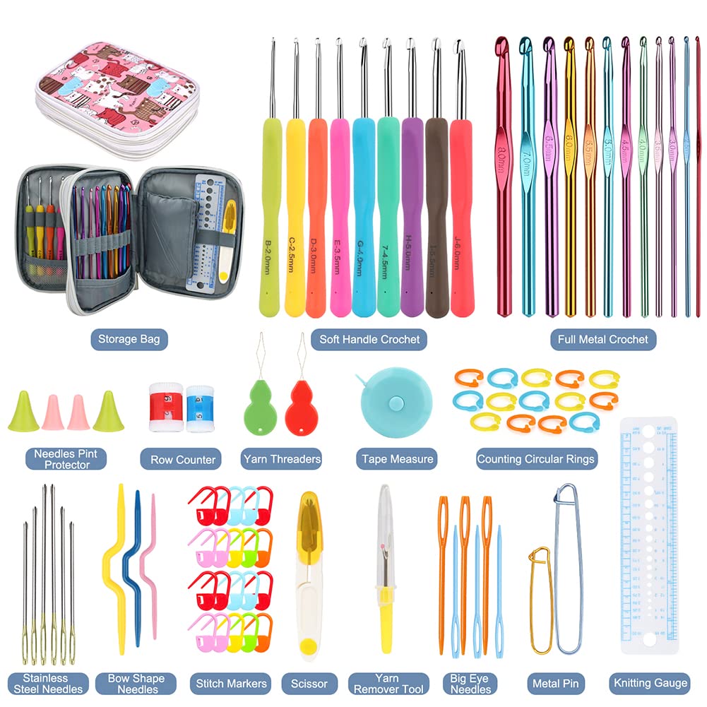 Crochet Hooks Kit with Case, 85-Piece, Ergonomic Crochet Needles Weave Yarn Kits DIY Hand Knitting Art Tools for Beginners and Experienced Crochet Lovers