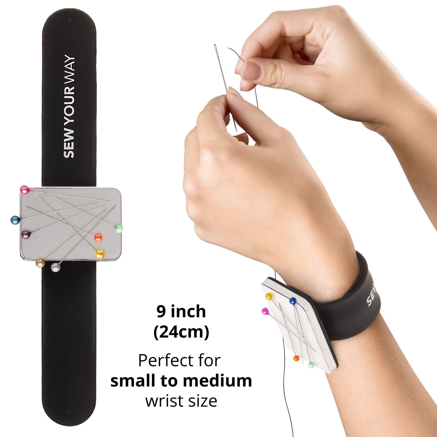 Magnetic Pin Cushion Wristband Black 9" – Strong Pin Holder for Sewing & Quilting | Gift for Sewers Gift for Quilters | Top Sewing Notion & Quilting Accessory | Wrist Pin Cushion
