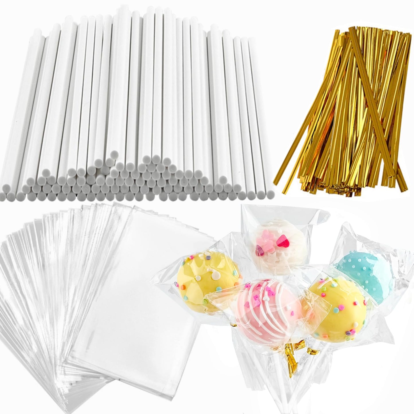 360pcs Cake Pop Sticks and Wrappers Ties Kit, Including 120ct 6-inch Paper Lollipop Stick, 120ct Cake Pop Parcel Bag, 120ct Gold Twist Tie for Candy Making Packaging Supplies