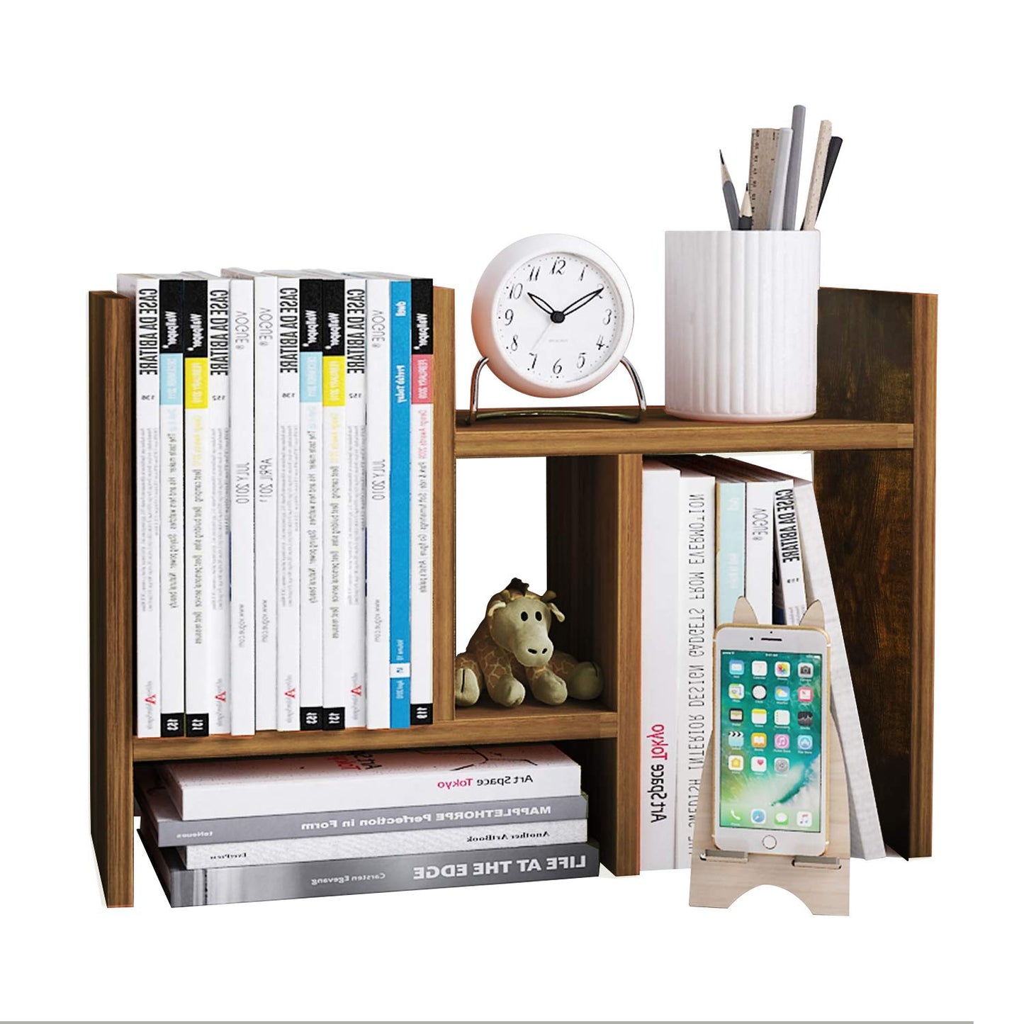 Desktop Organizer Office Storage Rack Adjustable Wood Display Shelf Free Style Double H Display True Natural Stand Shelf, Natural Wood Tone