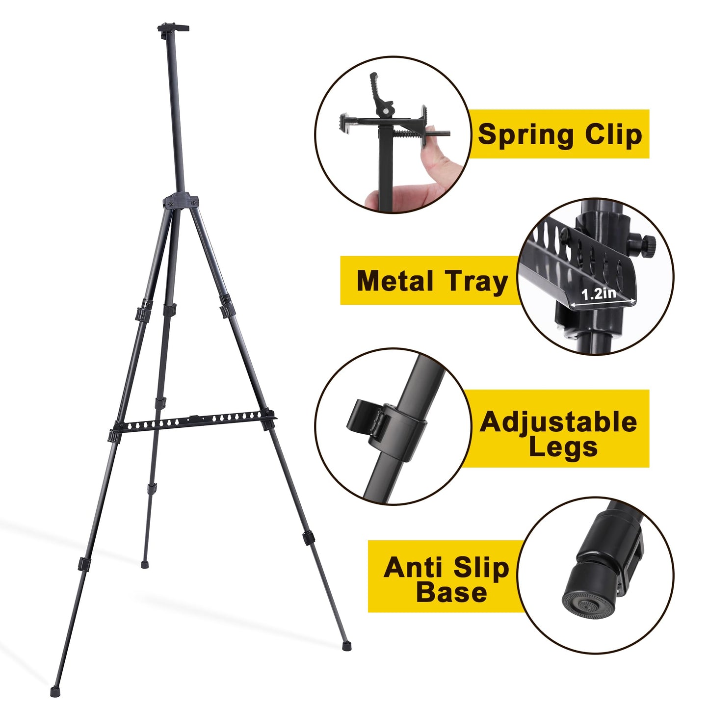 Easel for Painting Art Easel Stand for Adults 17" to 66" Portable Easel Stand for Sign Table Top/Floor Aluminum Metal Easel with Carry Bag Black