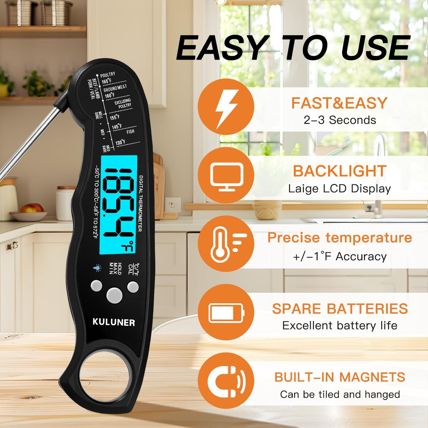 TP-01 Waterproof Digital Instant Read Meat Thermometer with 4.6 Folding Probe Backlight Calibration Function for Cooking Food Candy, BBQ Grill, Liquids,Beef(Black)
