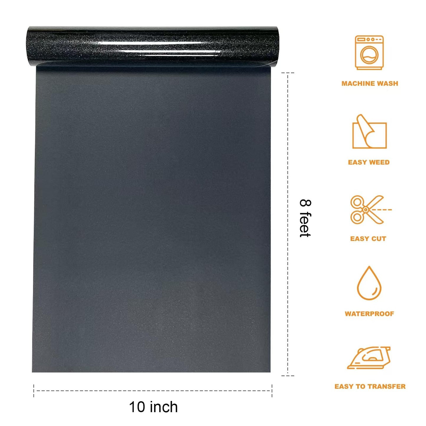Black Glitter HTV Heat Transfer Vinyl Rolls- 10" x 8ft. Glitter HTV Black for Shirts. Iron on Vinyl and Heat Transfer Vinyl for All Cutters Machines. Easy to Cut & Weed Heat Vinyl Designs