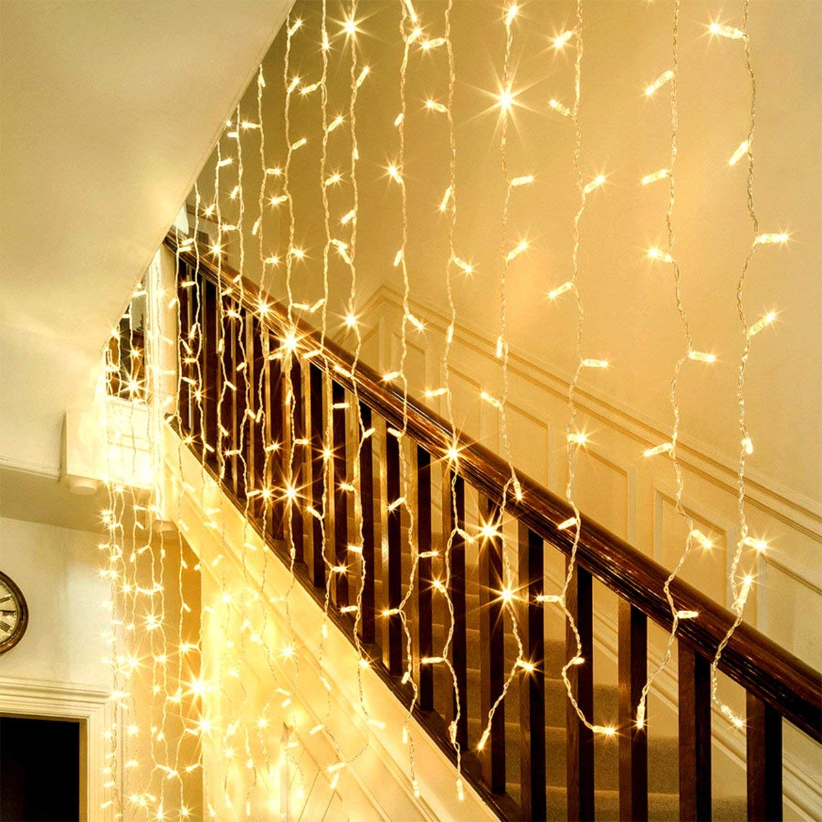 306 LED Curtain String Lights 8 Modes Christmas Fairy Lights Hanging Plug in for Bedroom Wedding Party Backdrop Wall Decorations, Warm White