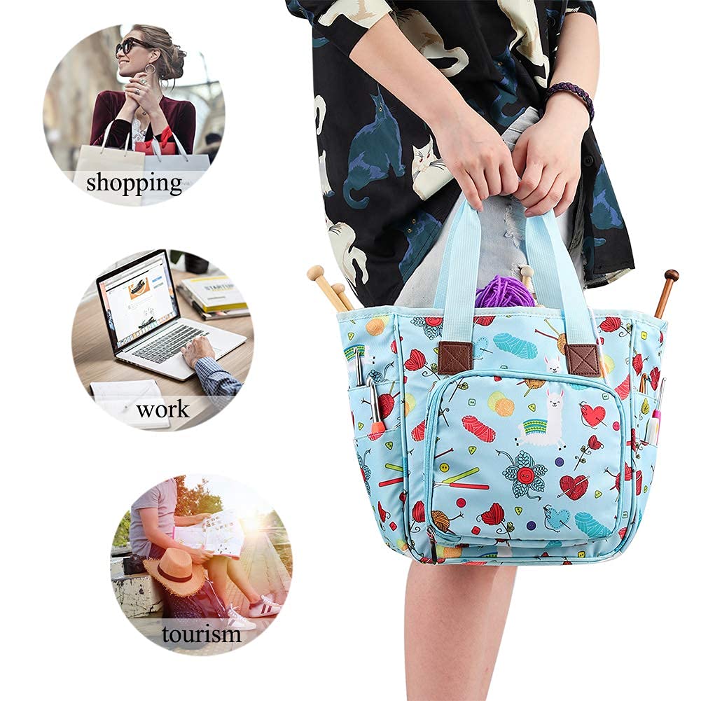 Knitting Bag Yarn Storage Organizer, Portable Knitting Tote Basket Yarn Bags for Crochet Hooks, Crocheting Kit, Knitting Needles, Yarn Balls, Project & Sewing Supplies - No Accessories (Blue)