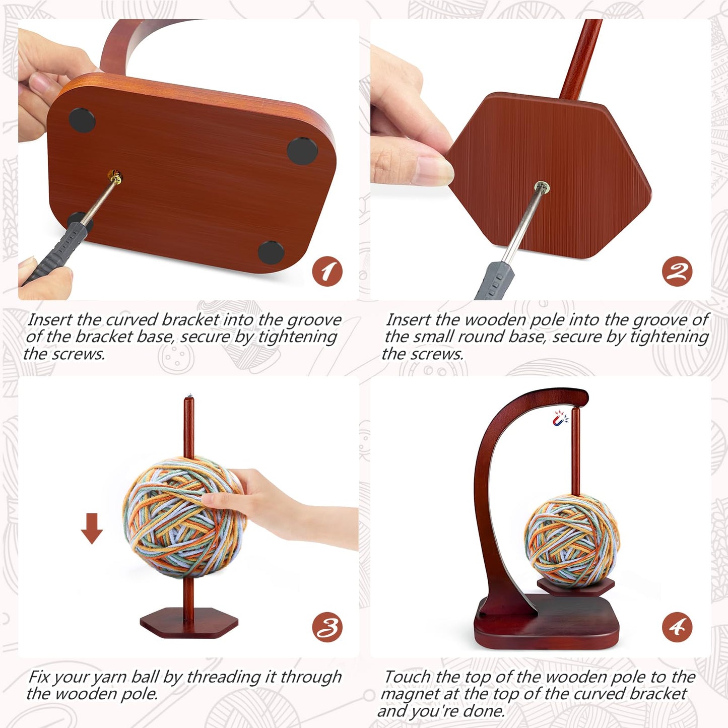 Wooden Yarn Holder for Knitting and Crocheting, Magnetic Yarn Ball Holder with Anti-Slip Pads, Yarn Holder Spinner for DIY Crafts, Crochet Gift for Knitting Lovers