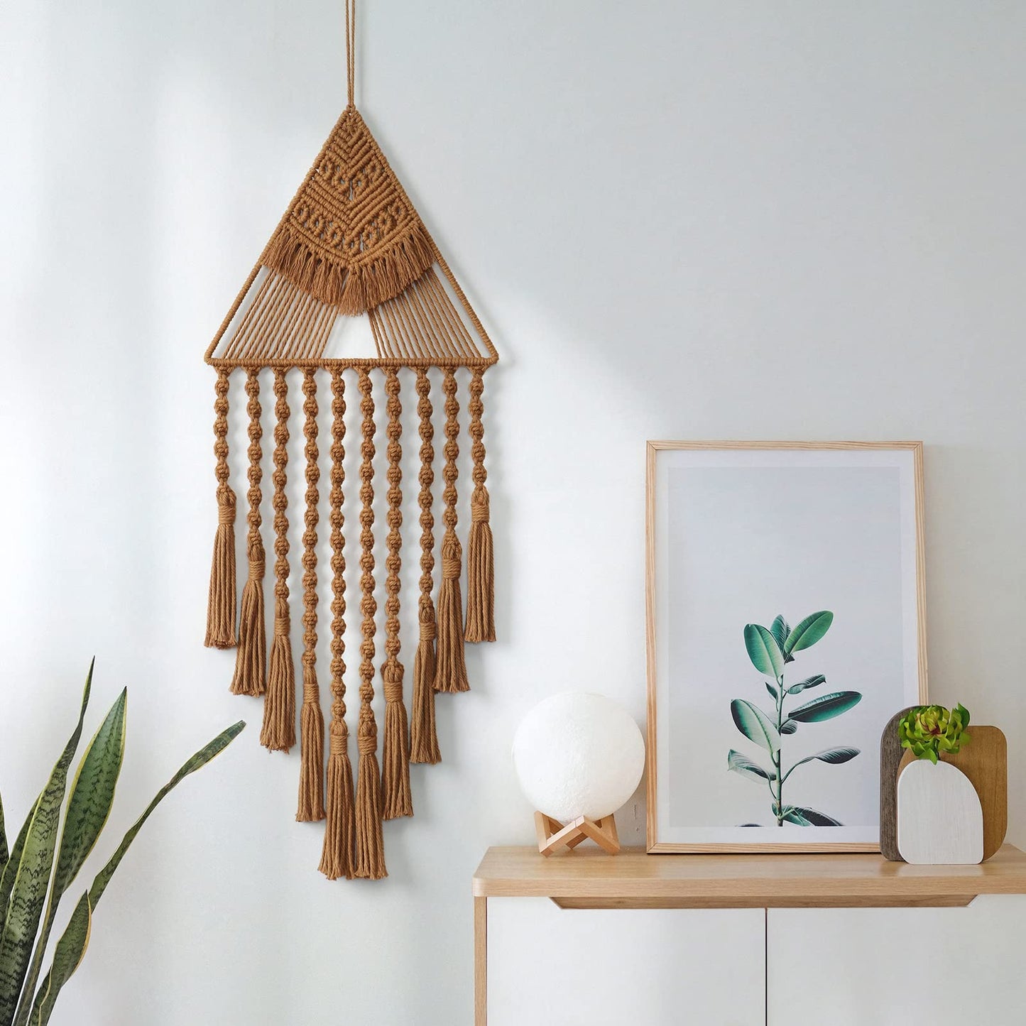Macrame Woven Wall Hanging Dream Catcher Triangle Tassel Geometric Art Boho Backdrop Bohemian Home Decor Wall Art Beautiful Apartment Dorm Room Door Decoration(Brown)