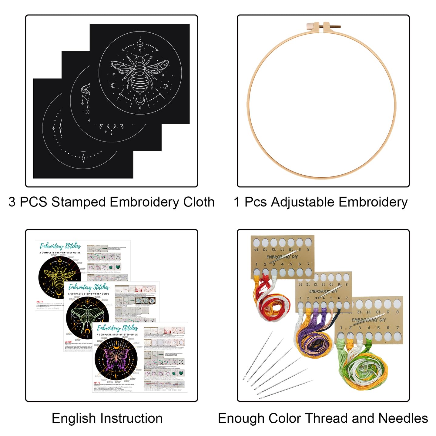 3 Sets Tarot Embroidery Kits for Beginners,Cross Stitch Kit for Adults,Crewel Starters Needlepoint with Moon, Butterfly, Bee and Moth Pattern and Tool