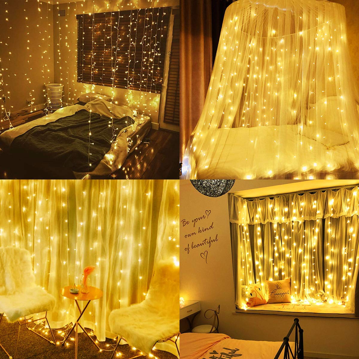 306 LED Curtain String Lights 8 Modes Christmas Fairy Lights Hanging Plug in for Bedroom Wedding Party Backdrop Wall Decorations, Warm White