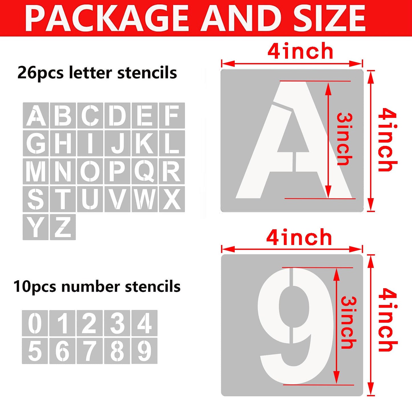 4 Inch Letter Stencils and Numbers, 36 Pcs Alphabet Art Craft Stencil, Reusable Plastic Templates for Wood, Wall, Fabric, Rock, Signage (4 Inch)