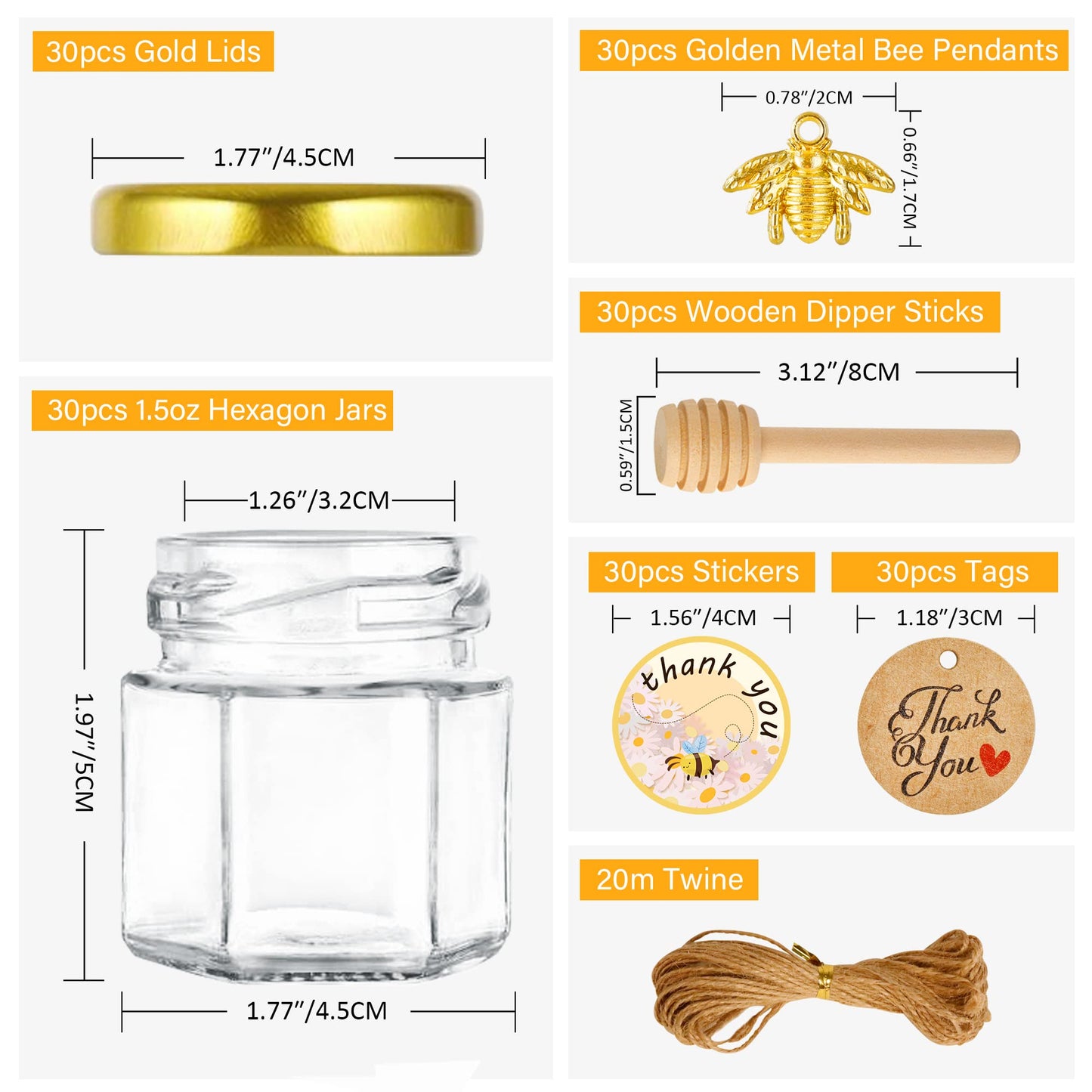 Mini Glass Honey jars-1.5 oz,30 pcs Hexagon Honey Jars with Wooden Dipper,Gold Lid,Bee Pendant,Rope,Mini Honey Jars with Dipper,Perfect for Baby Shower,Wedding Favors,Party Favors