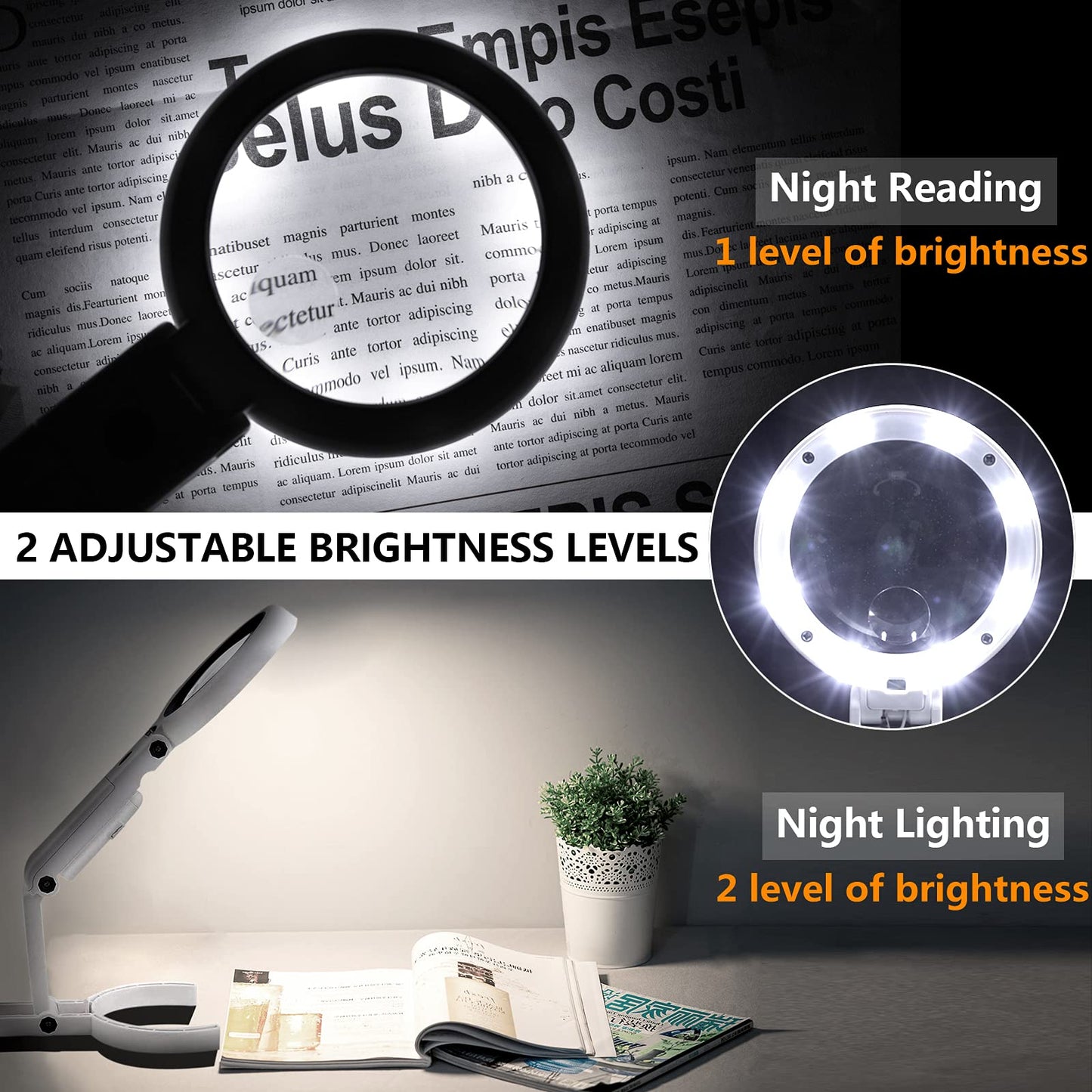 30X 10X Magnifying Glass with Light and Stand, Foldable Handheld Magnifying Glass & 2 Level Dimmable for Macular Degeneration, Seniors Reading, Close Work, Coins, Jewelry, Powered by Battery or USB