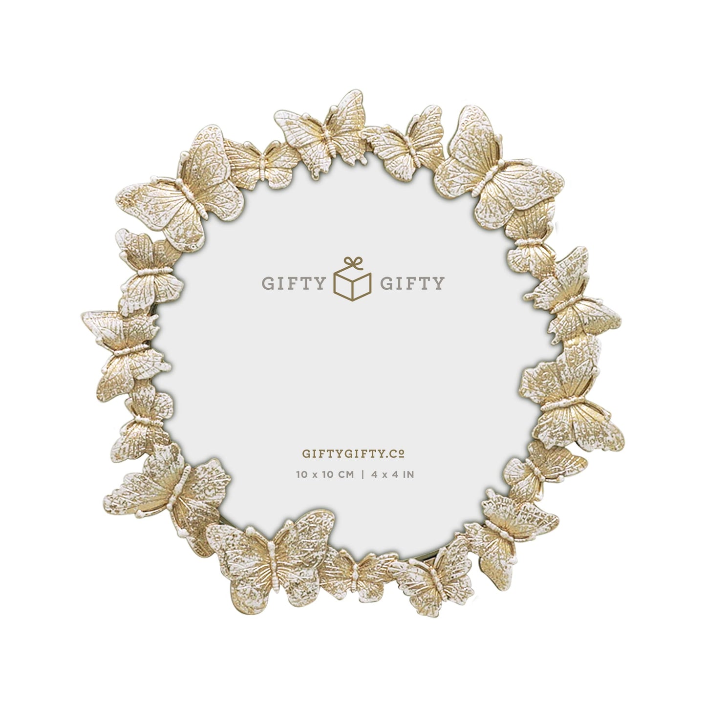 Round Butterfly Picture Frame with Gold With White Painted Frame 4”x4” Personalized Photo Frame Round Shape, for Vertical Display on Tabletop, Home Decor, Wedding or any Milestone Photos
