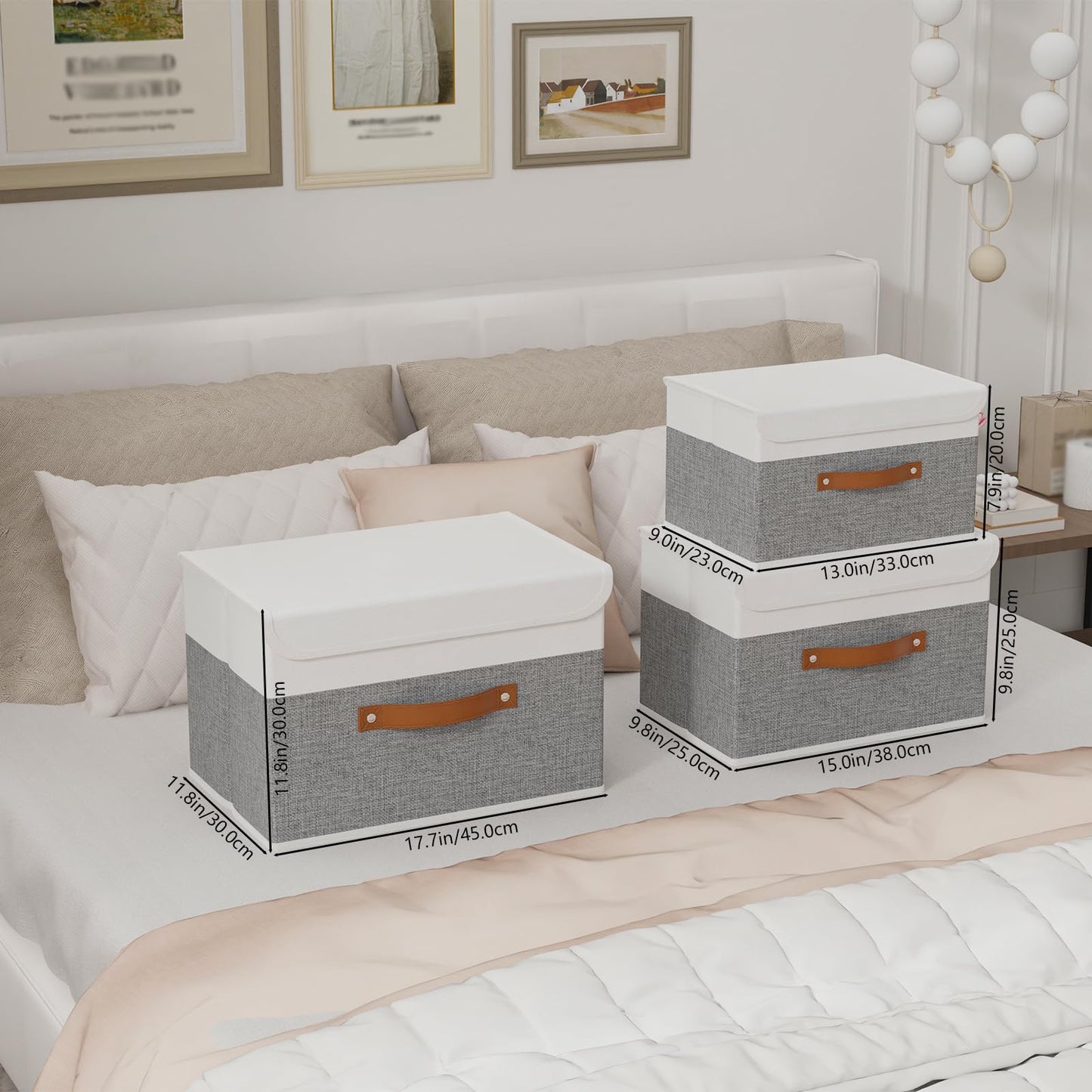 Storage Boxes with Lids, Linen Fabric Bin, Cube Organizer Basket, Washable and Leather Handle, for Home, Closet, White/Grey, 15.0''Lx9.8''Wx9.8''H, 1-Pack, USNK024WGL-1