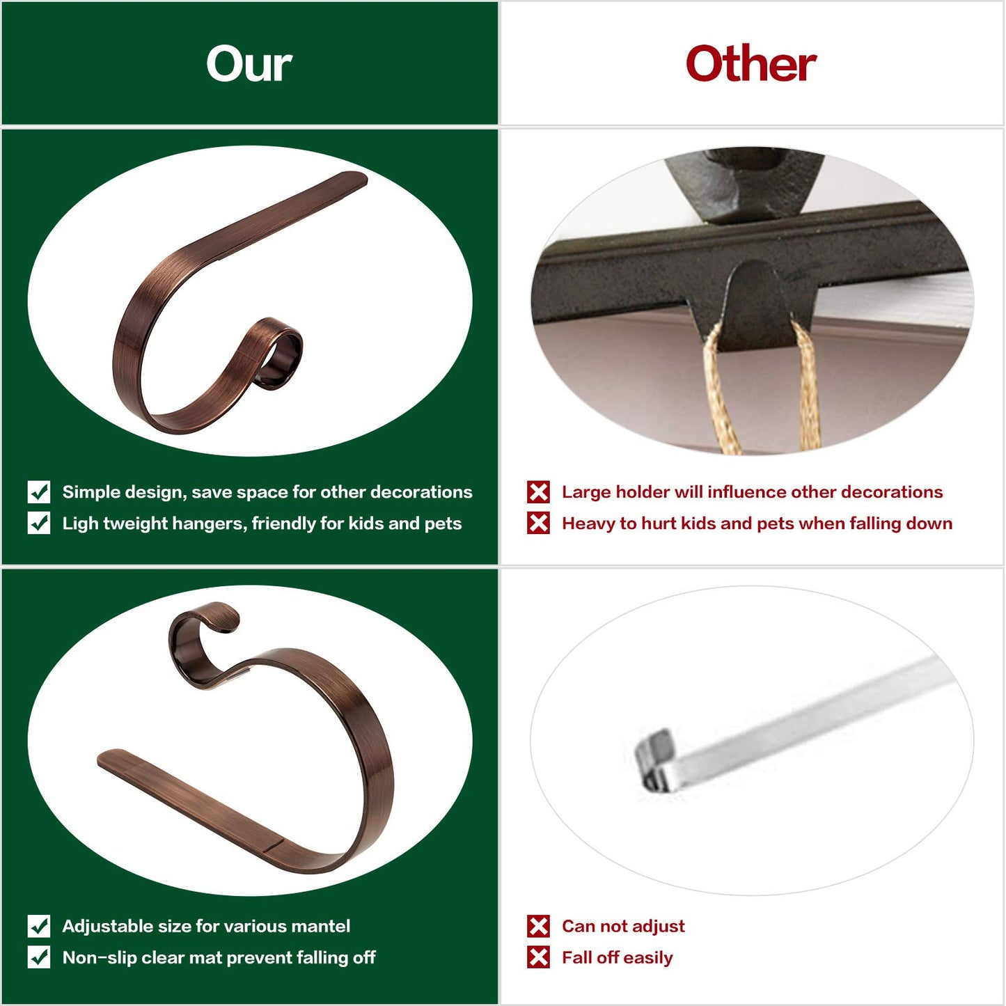 Christmas Stocking Holders for Mantle Set 4,Lightweight Stocking Holder No-Slip Stocking Hangers for Mantel Fireplace,Adjustable Mantel Stocking Hooks