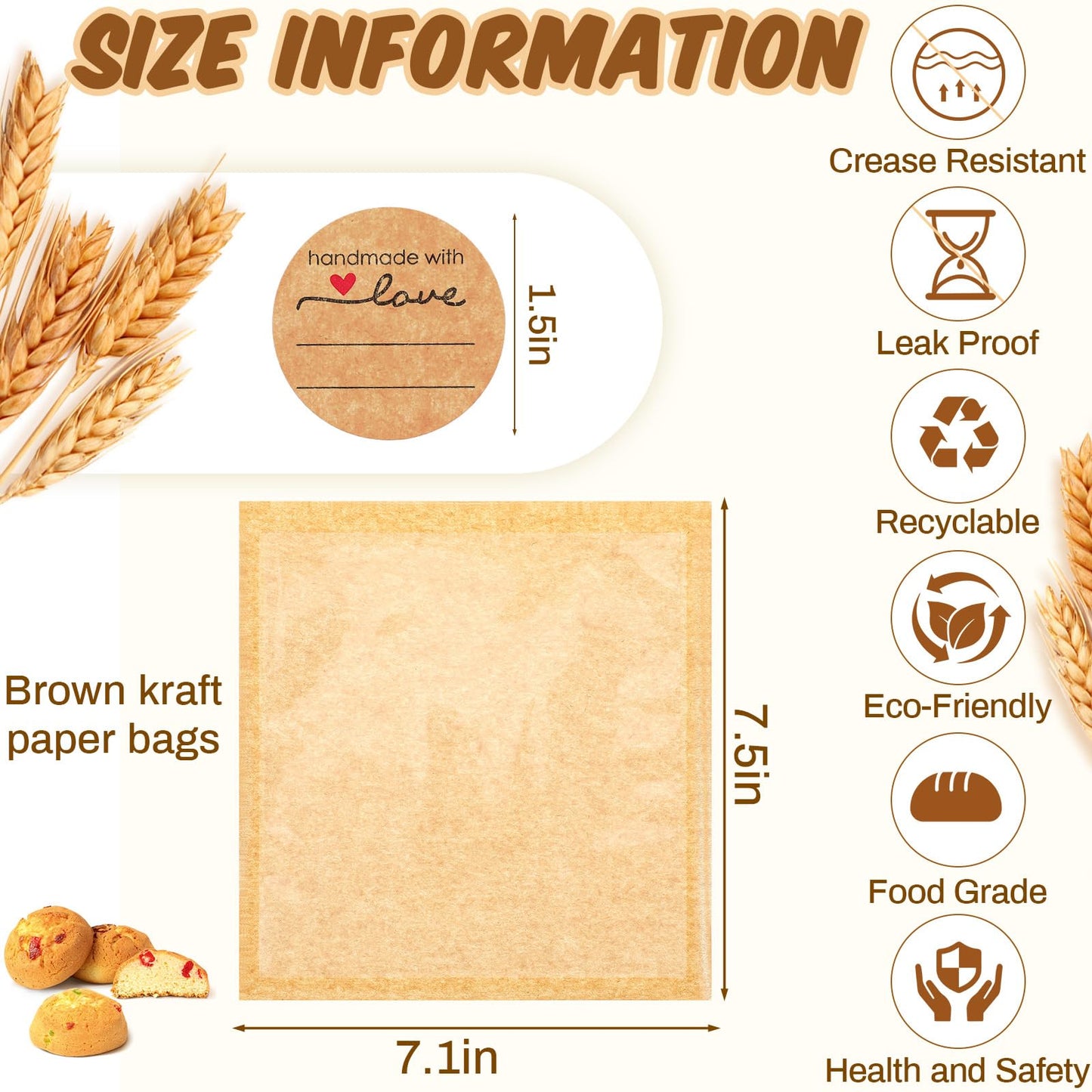 100 Pcs Heat Sealable Cookie Bags with Window Grease Resistant Kraft Bakery Pastry Bags with Paper Stickers for Packaging Donut Bread Cookie Goods Sandwich Baked Treat (7.1 x 7.5 Inch)