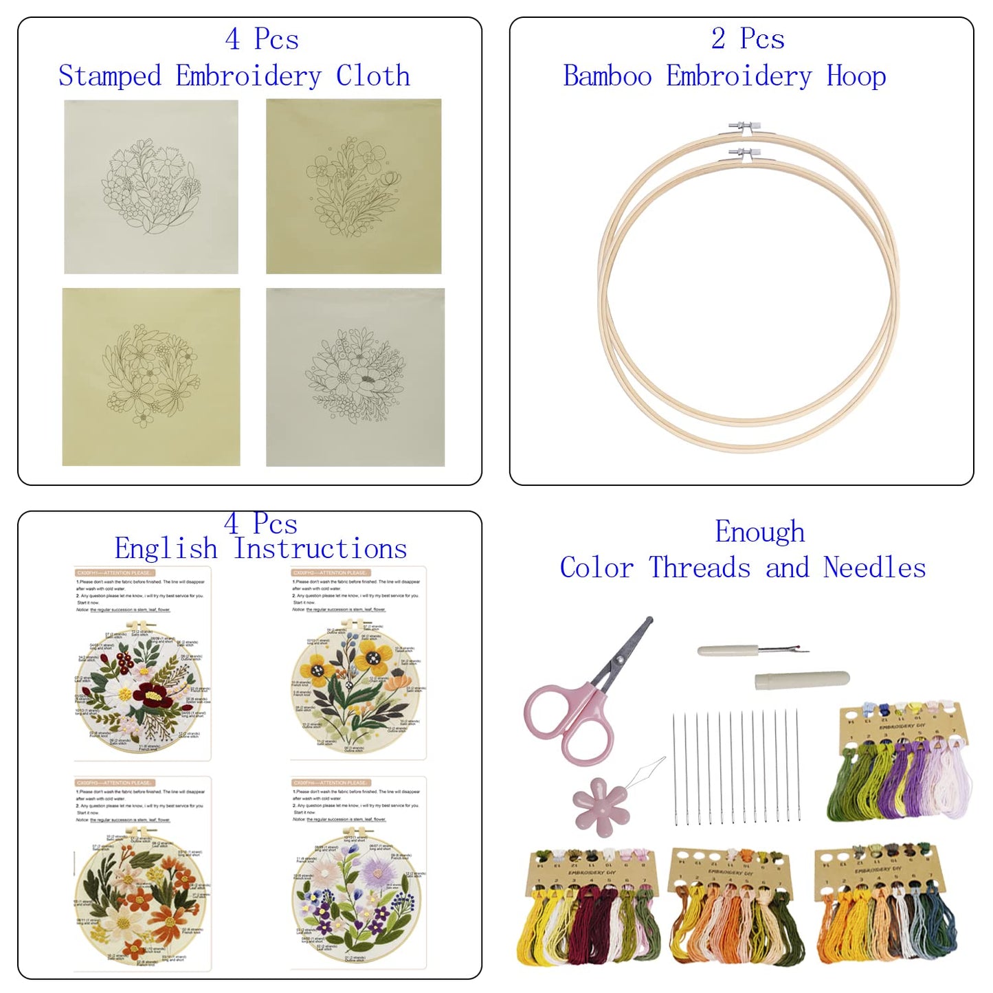 4 Sets Embroidery Kit for Beginners Art Craft Handy Sewing Include Embroidery Clothes with Pattern, Hoops, Instructions,Color Threads Needle Kit (Multi 1)