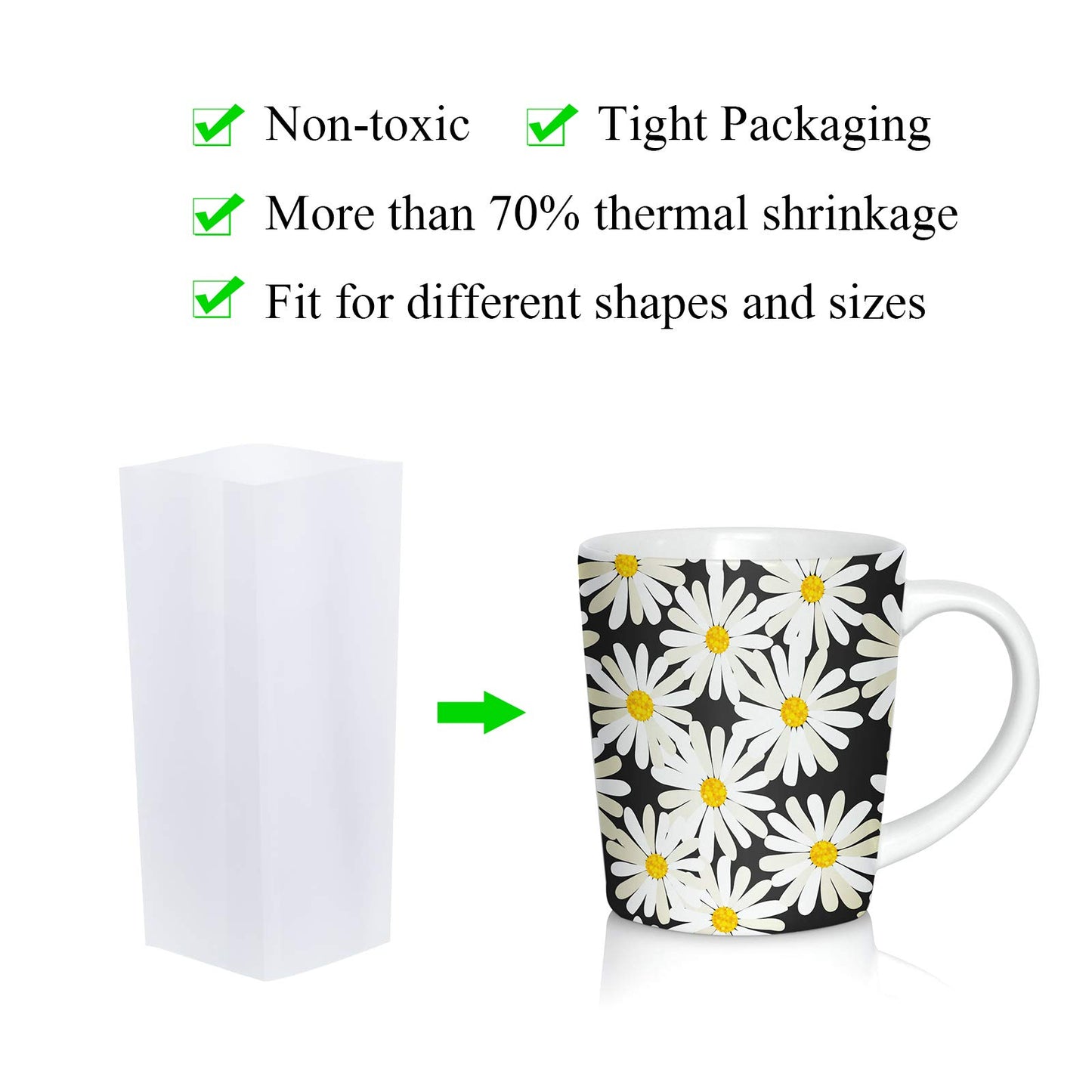 50 Pcs Sublimation Heat Shrink Sublimation Shrink Wraps Film Blanks Wrap Sleeves White Wrap Bags Tube, 5 Different Sizes, 9 x 14 Inch, 8 x 8 Inch, 7 x 11 Inch, 5 x 10 Inch, 4 x 3 Inch
