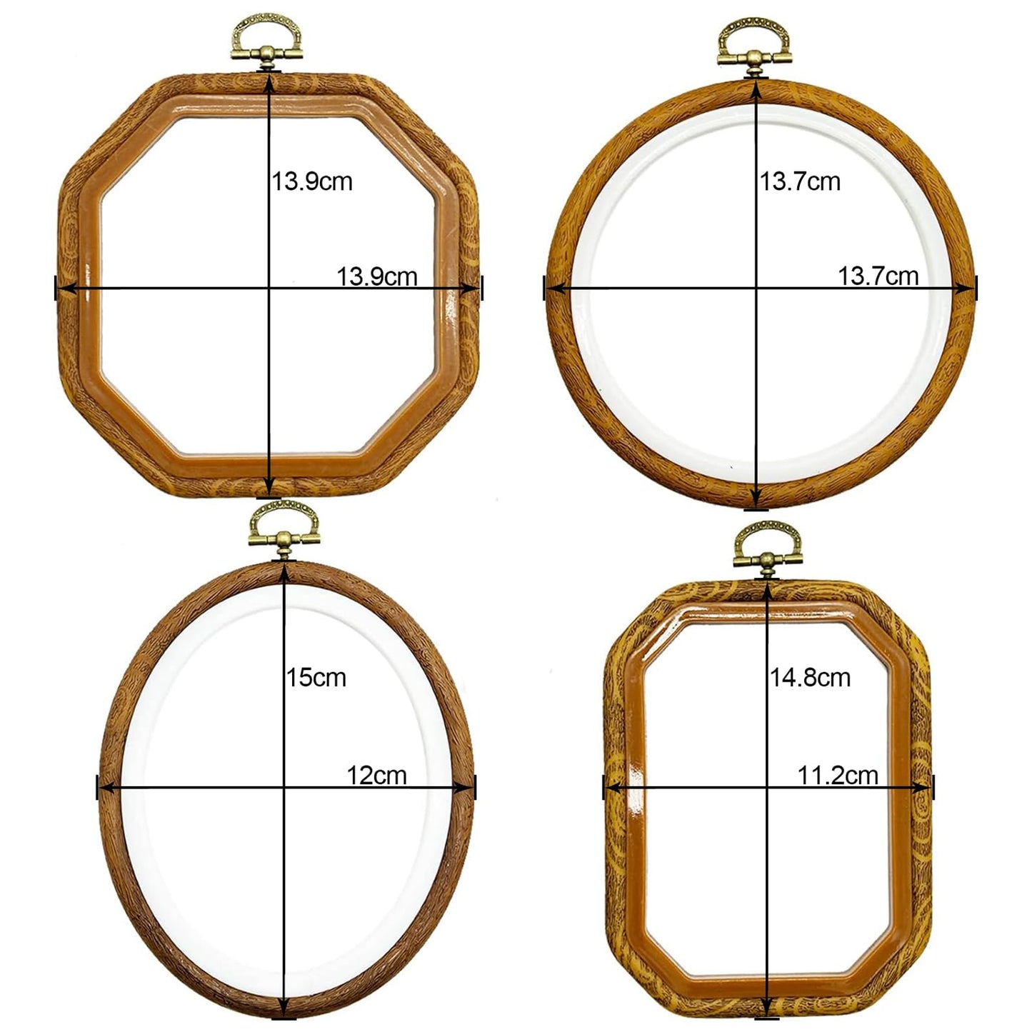 4 Sizes Imitated Wood Multiple Shapes Embroidery Hoop Set Plastic Circle Cross Stitch Hoop Rings for DIY Craft Sewing, Small Faux Wooden Embroidery Hoop Including 16pcs Gold Eye Sewing Needles